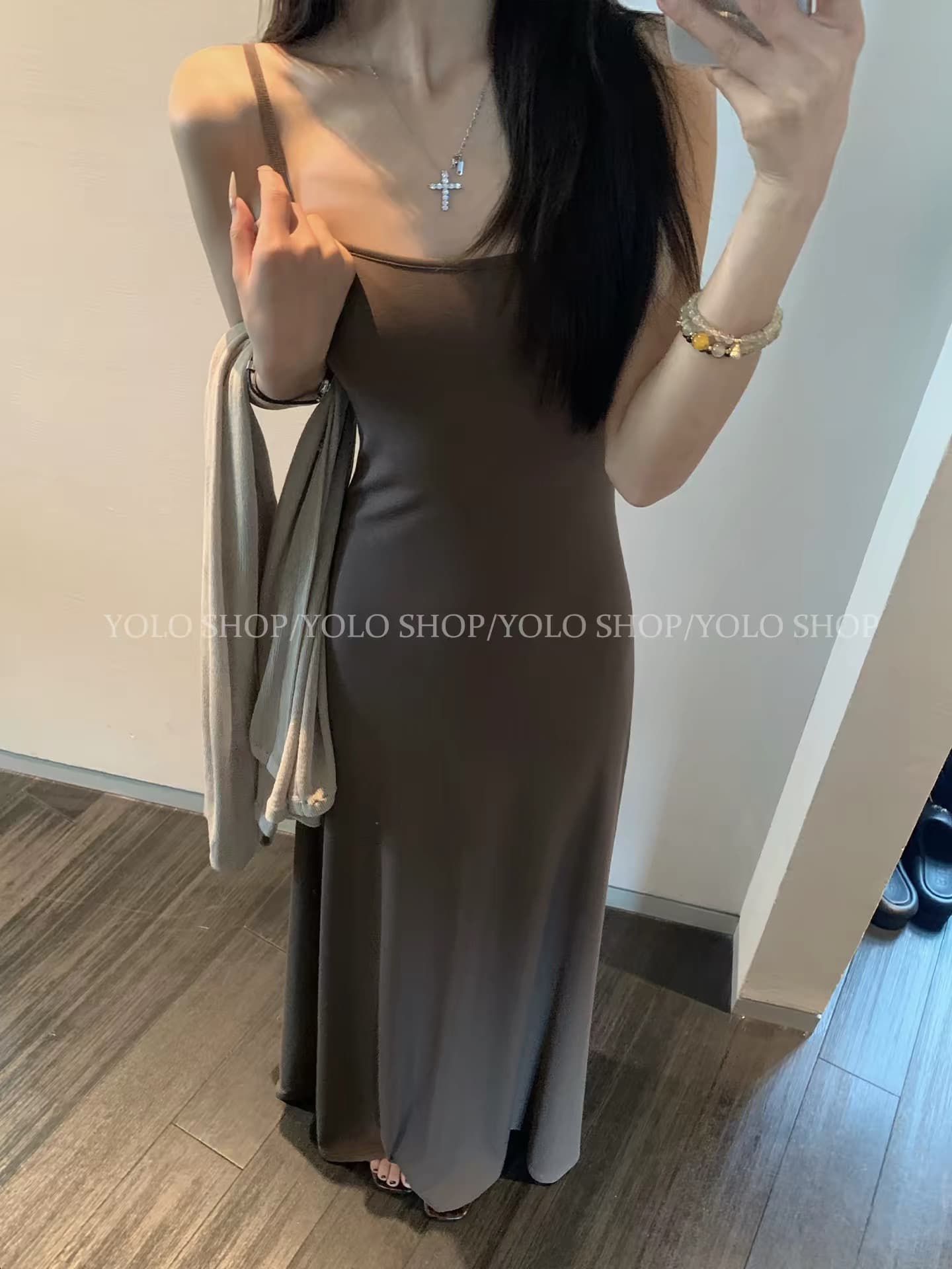 yolo shop 한 부서 느긋한 부드러운 품격 세트 아마 얇은 스타일 숄 몸매 가꾸기 허리 수축 슬립 드레스 상세 이미지 6