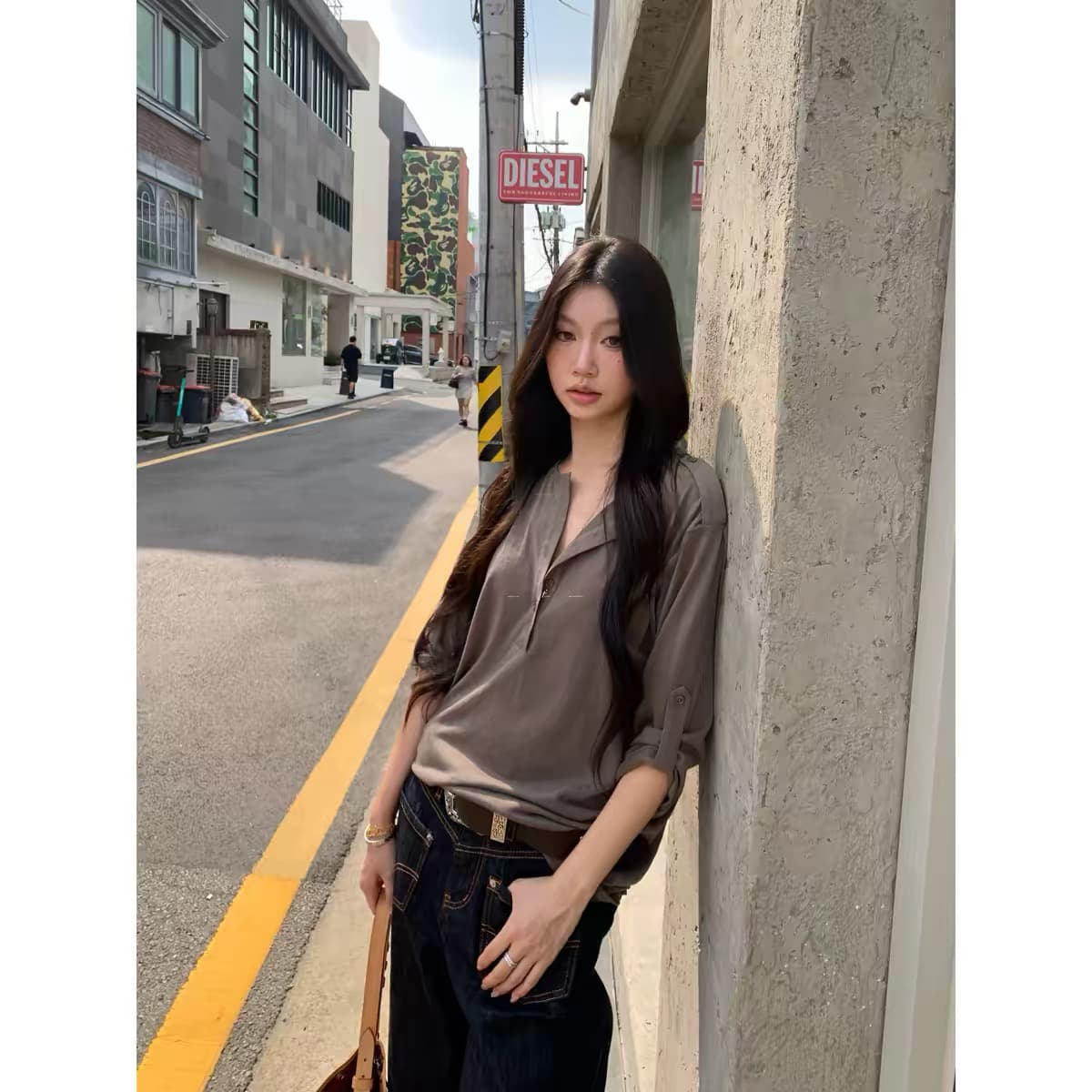 차가운 가죽 itspipi 暮 회색 브라운 느긋한 센스 폴로 칼라 맨위 여성 루즈핏 슬림해 보이는 긴팔 커피 색상 캐주얼 셔츠 이미지 4