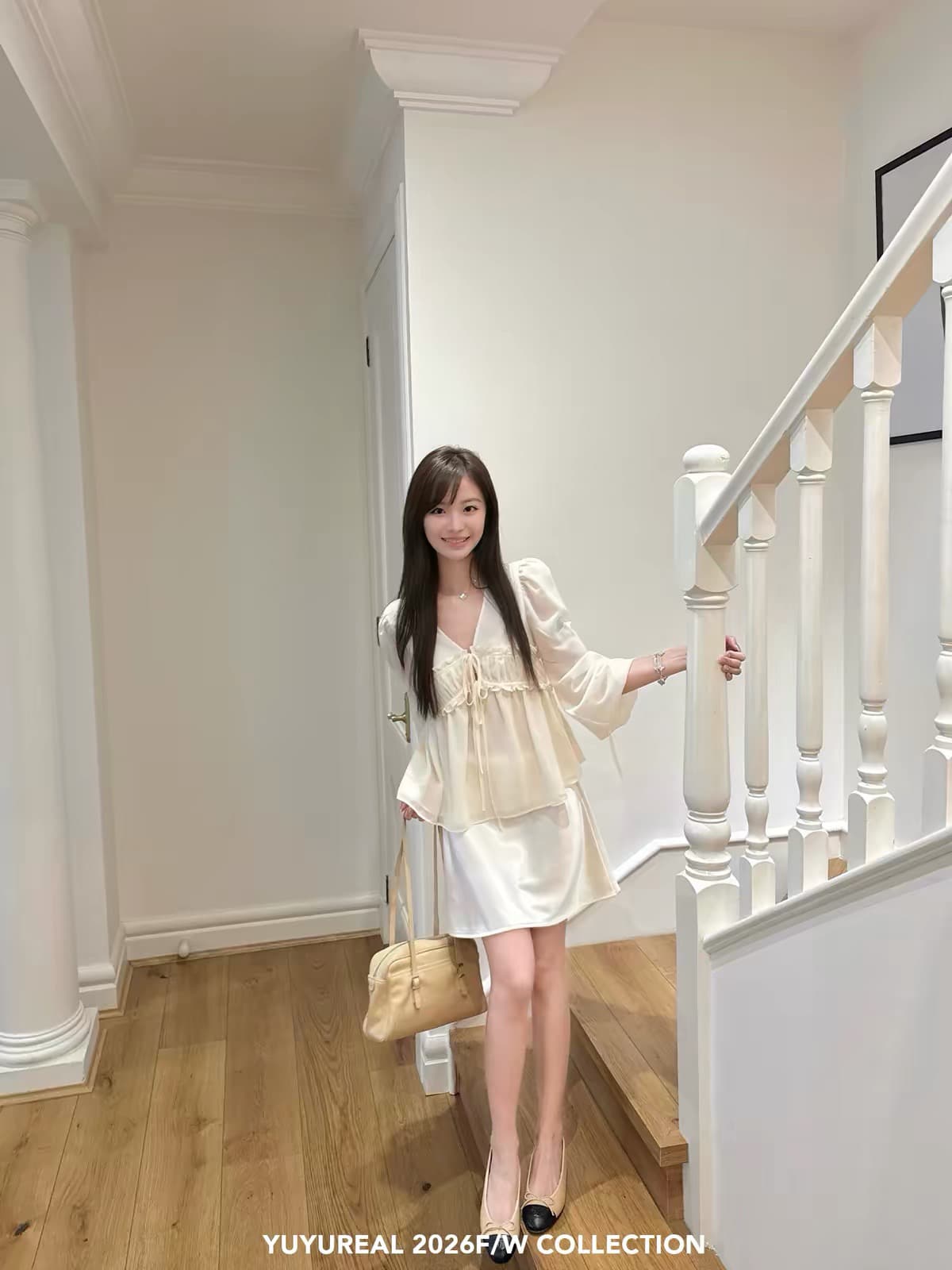 yuyureal 흐릿한 미학 V넥 레이스업 프릴 주름 시폰 셔츠 여성 프랑스식 분위기 센스 긴팔 맨위 상세 이미지 1