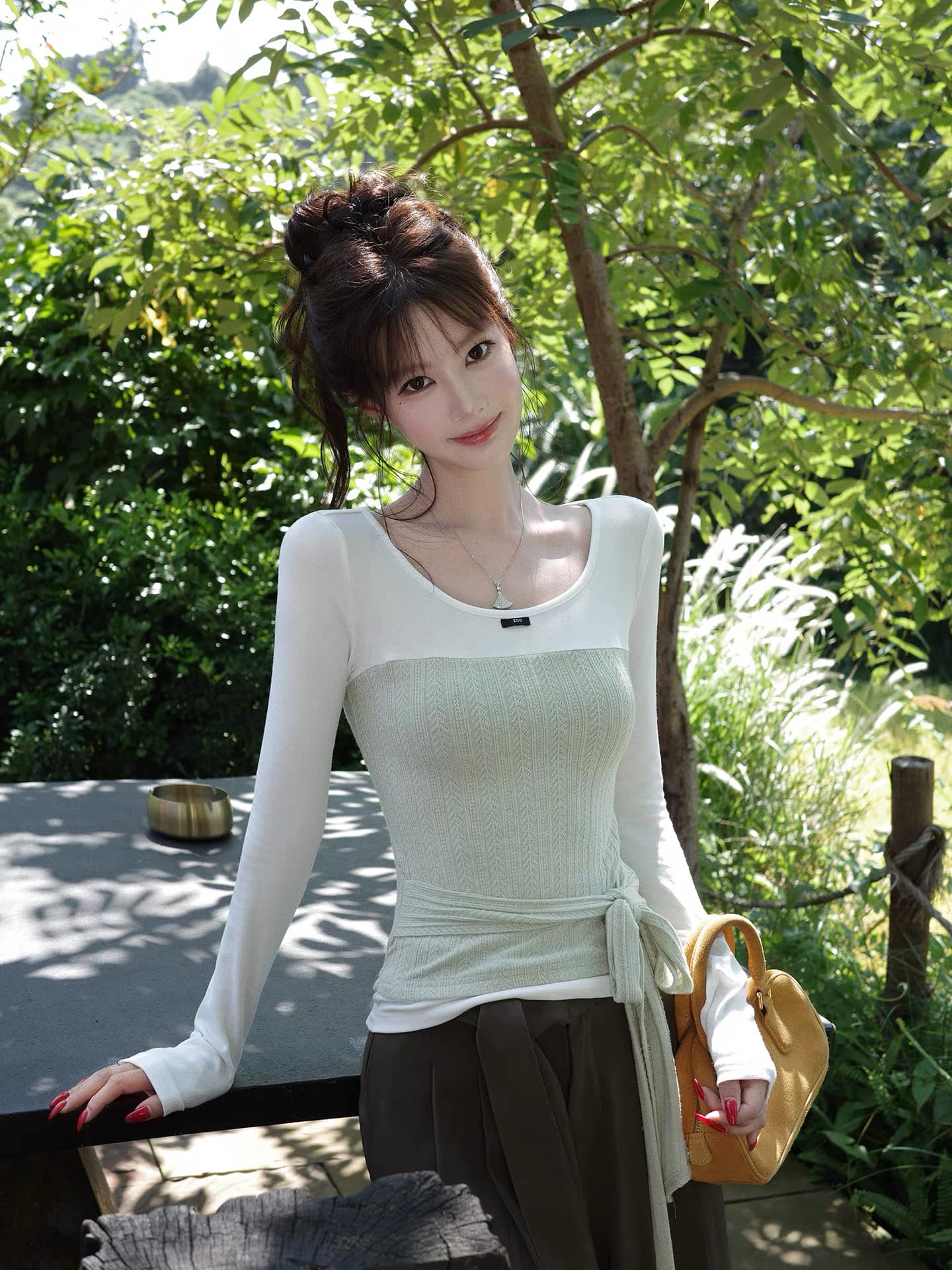 감사합니다. 아니요 고기 배색 페이크 레이어드 스트랩 긴팔 티셔츠 여성 가을 새로운 한 부서 허리 수축 몸매 가꾸기 슬림해 보이는 맨위 상세 이미지 1