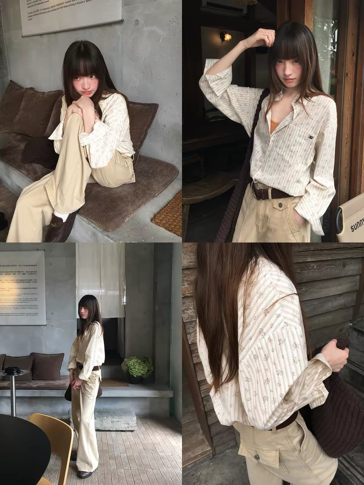 안녕하세요. 대포 한 부서 스트라이프 꽃무늬 맨위 여성 가을 레트로 루즈핏 캐주얼 출퇴근 폴로 칼라 긴팔 셔츠 이미지 4