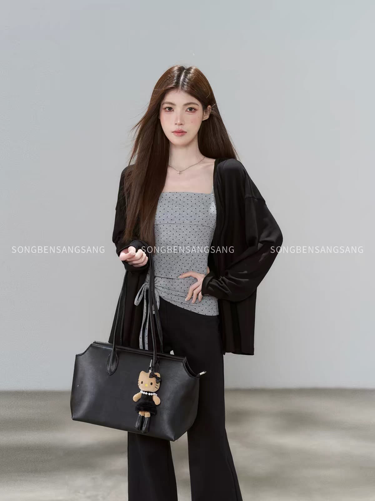 마츠모토 애도 애도 검정색 오픈 가디건 도트 무늬 슬립 높은 허리 바지 세 조각 여성 세트 가을 몸매 가꾸기 출퇴근 캐주얼 세트 이미지 4