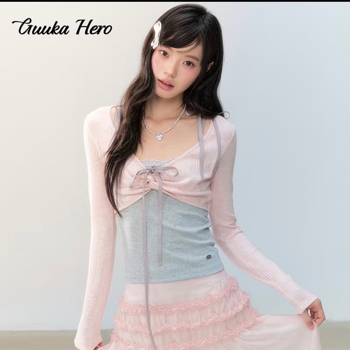 guukahero 회색 분말 배색 페이크 레이어드 비틀림 긴팔 티셔츠 여성 한 부서 소녀 레이스 레이스 몸매 가꾸기 맨위 상세 이미지 2