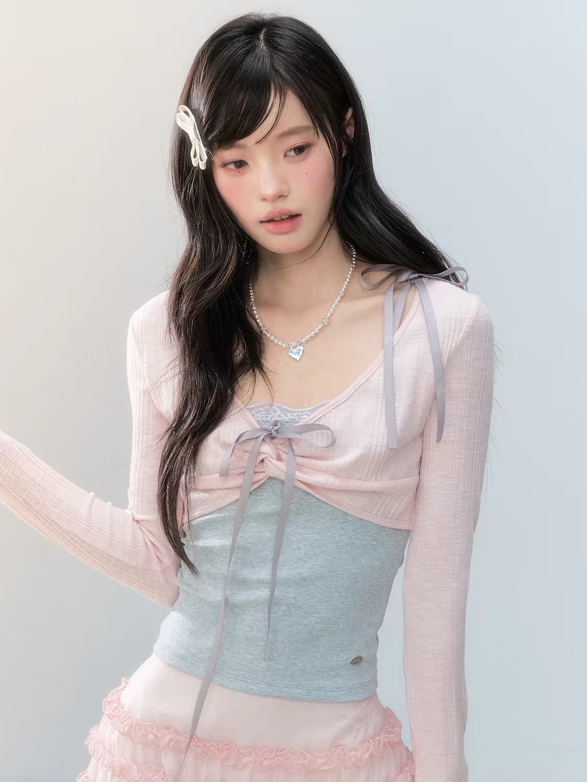 guukahero 회색 분말 배색 페이크 레이어드 비틀림 긴팔 티셔츠 여성 한 부서 소녀 레이스 레이스 몸매 가꾸기 맨위 상세 이미지 3
