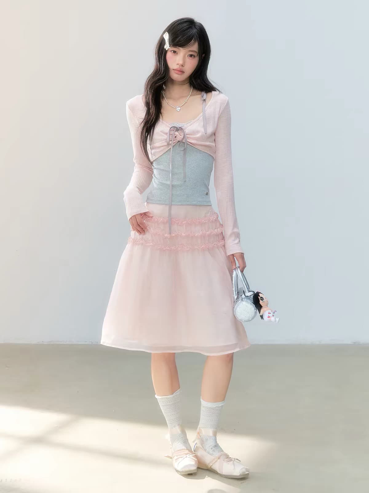 guukahero 회색 분말 배색 페이크 레이어드 비틀림 긴팔 티셔츠 여성 한 부서 소녀 레이스 레이스 몸매 가꾸기 맨위 상세 이미지 5