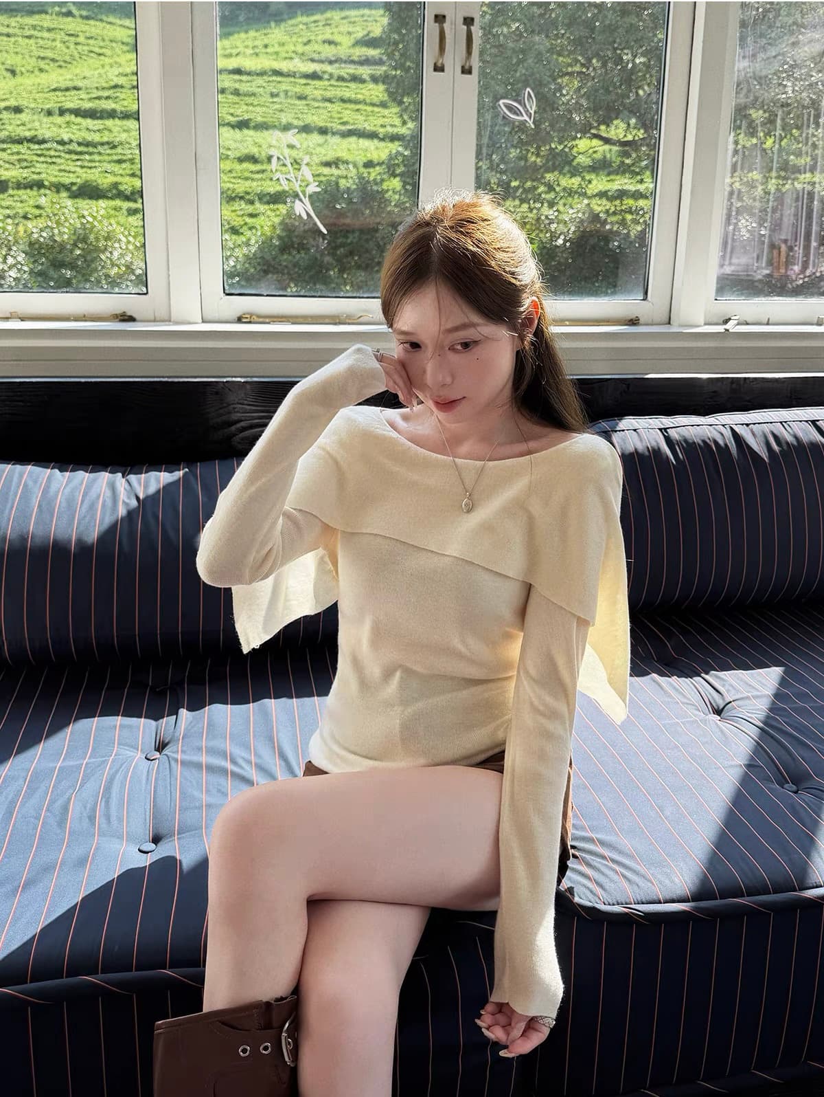 스와 3 3 니트 스웨터 2026 년 가을 한 부서 작은 대중 스웨터 비스듬한 칼라 허리 수축 다용도 캐주얼 여자 맨위 상세 이미지 5