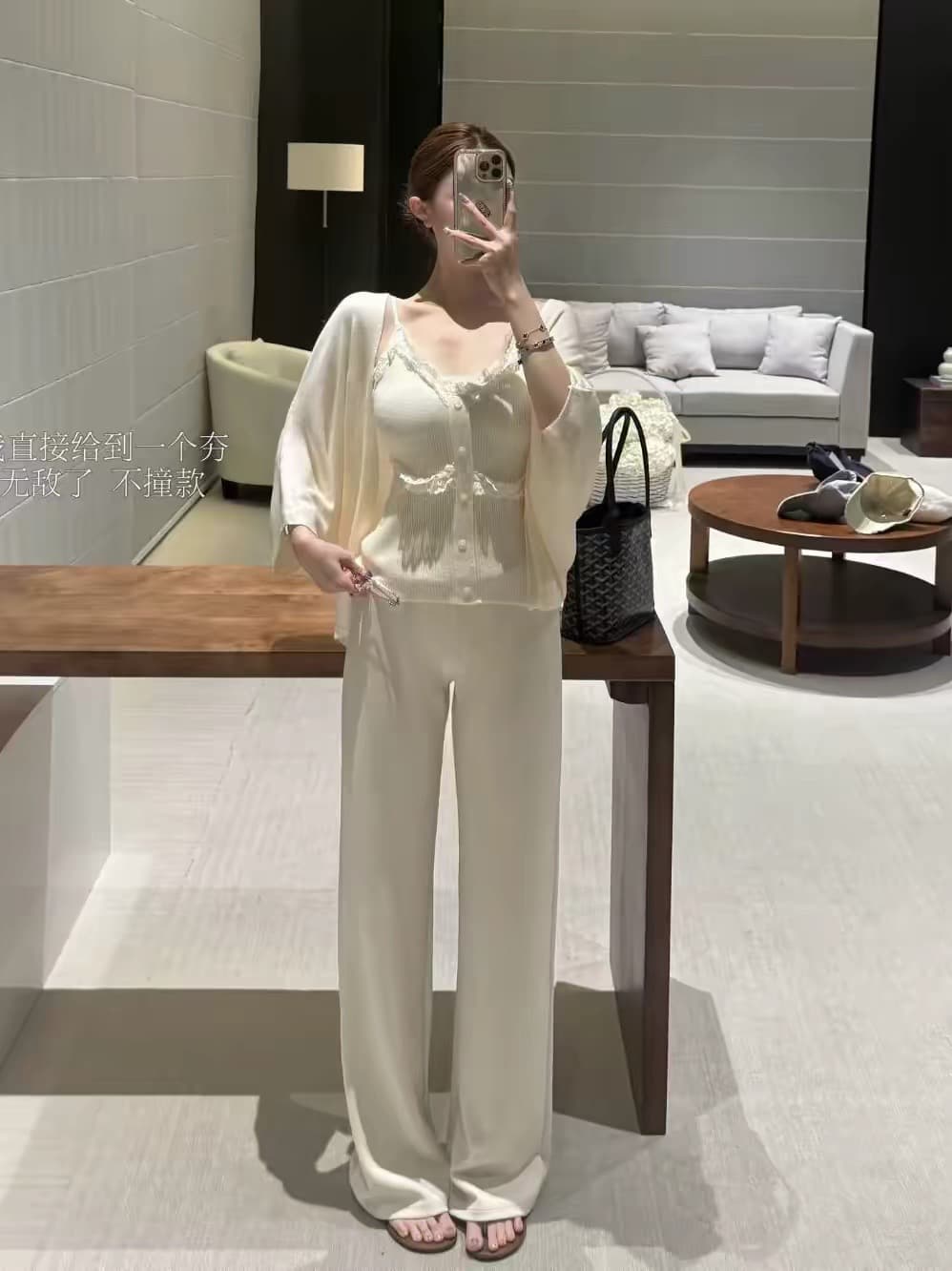 m900 세트 여성 레이스 조각 구덩이 기사 니트 슬립 오픈 가디건 싱글 줄 버튼 허리 수축 슬림해 보이는 맨위 투피스 세트 상세 이미지 8