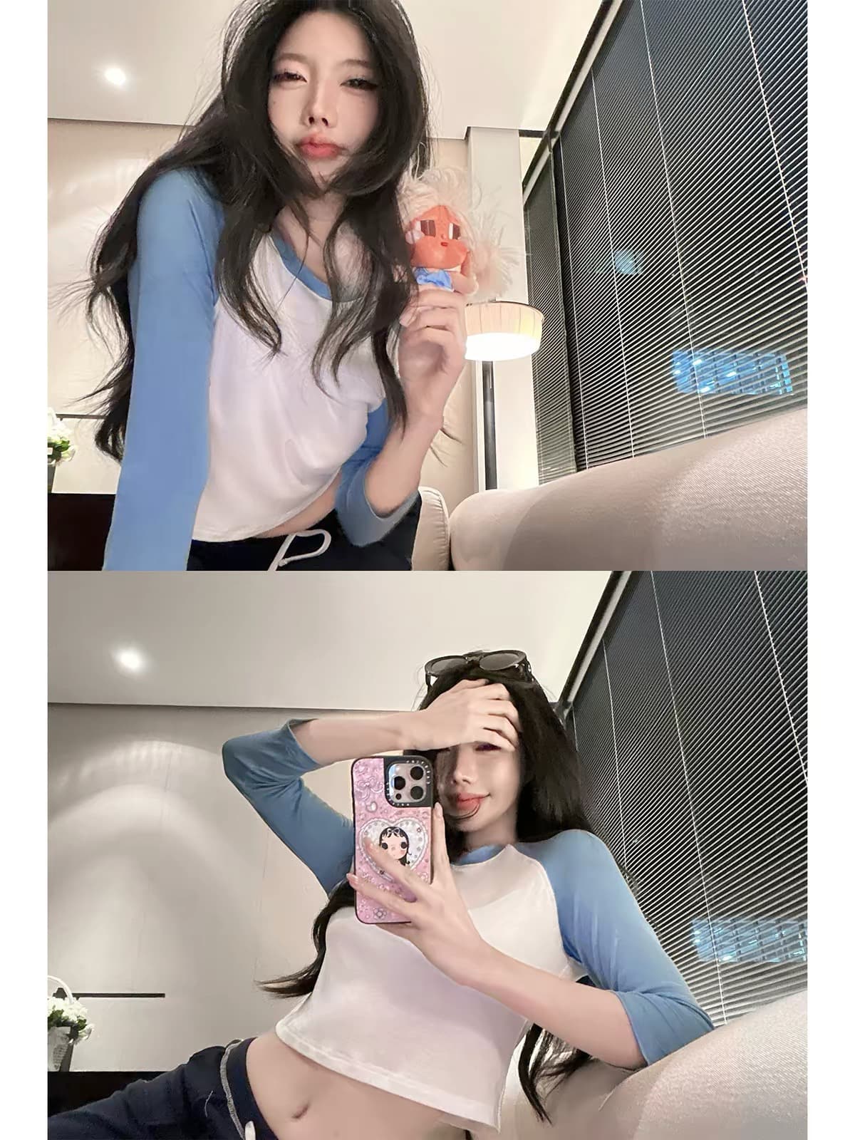 laareetoo 배색 스트라이프 삽입 어깨 소매 시리즈 긴팔 티셔츠 여성 가을 슬림해 보이는 다용도 쇼트 스타일 맨위 상세 이미지 2
