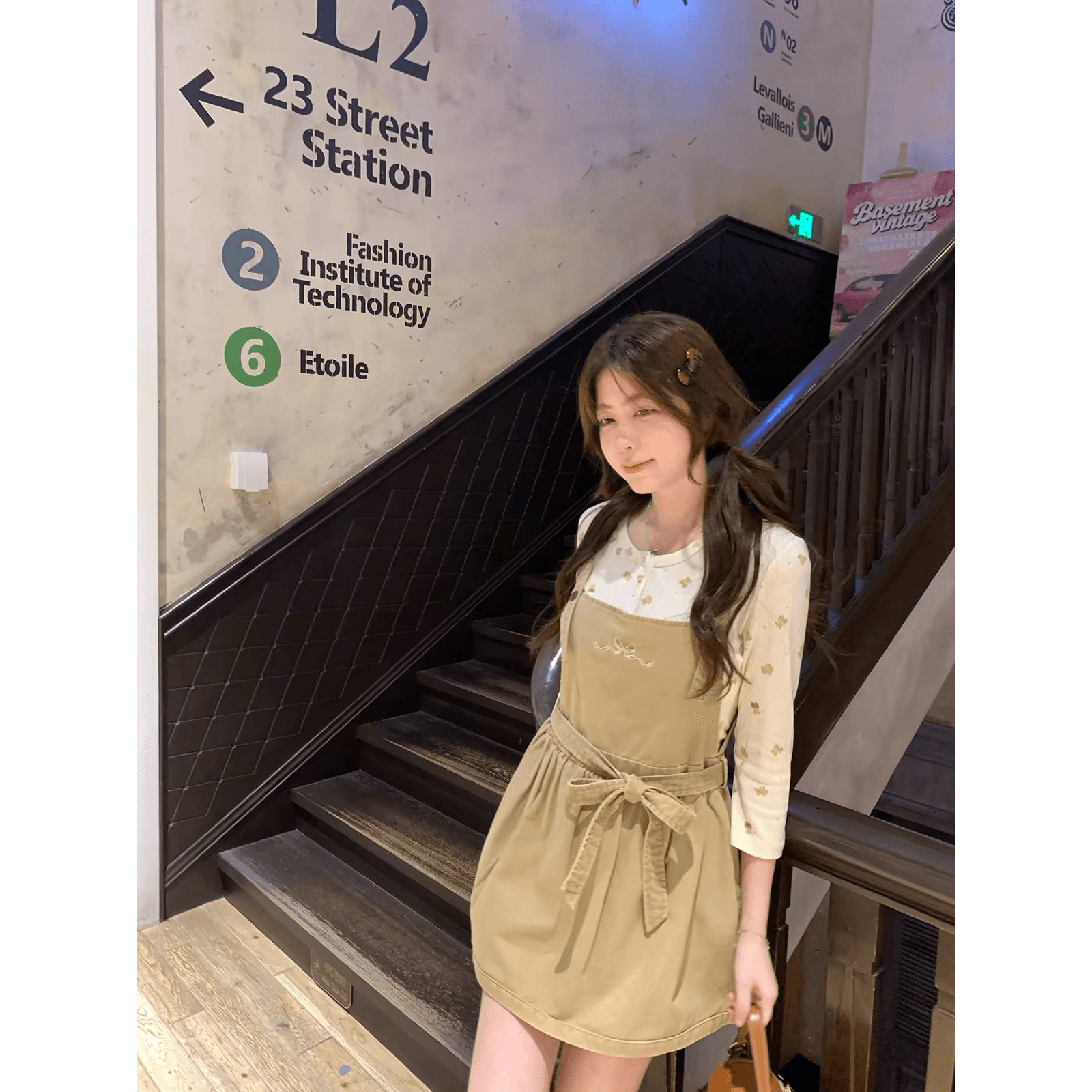 ptonumi 작은 곰 마음 오리지널 프린트 살구 색상 7부 소매 맨위 여성 이른 가을 조끼 슬립 오픈 가디건 세트 이미지 5