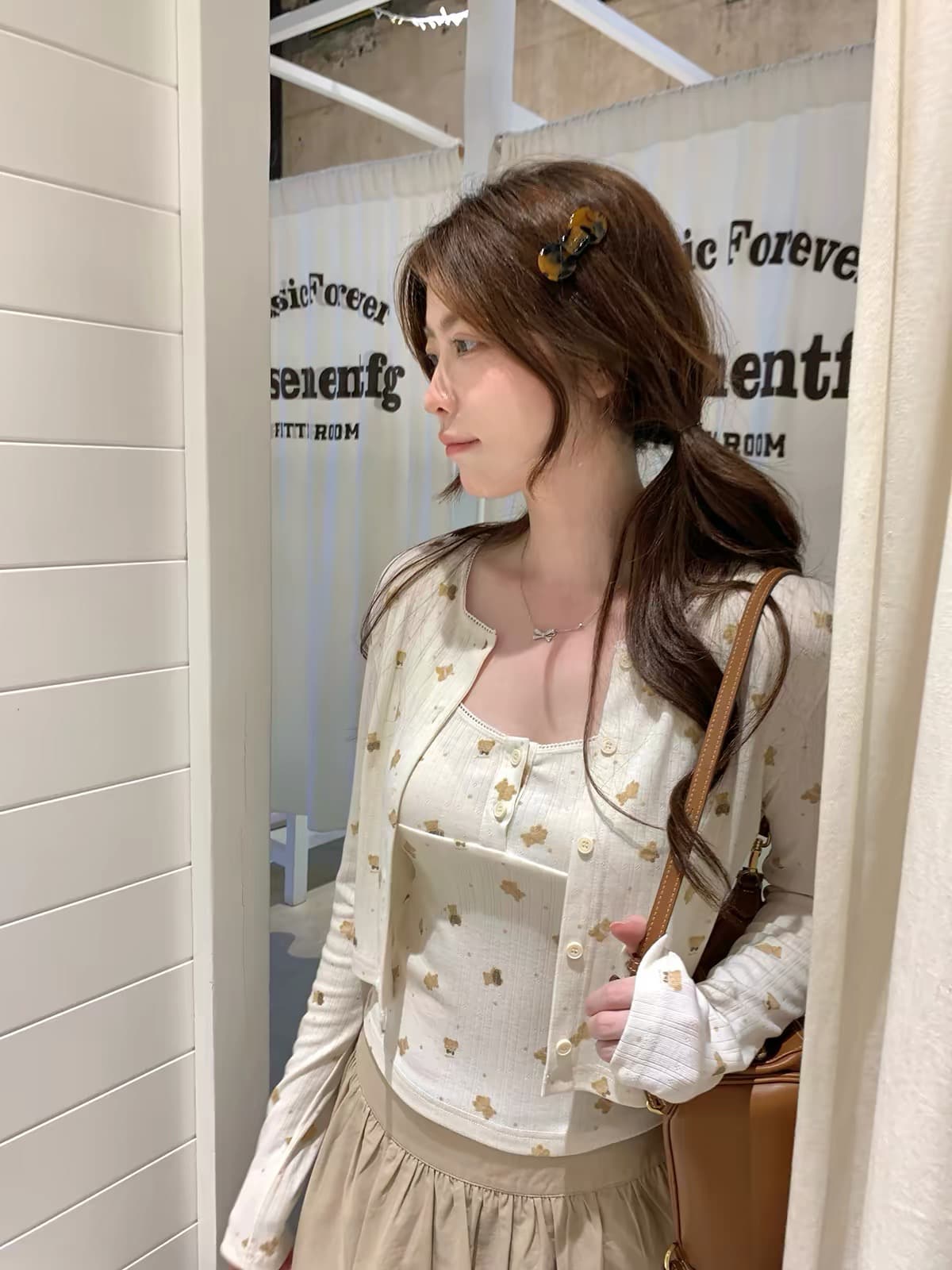 ptonumi 작은 곰 마음 오리지널 프린트 살구 색상 7부 소매 맨위 여성 이른 가을 조끼 슬립 오픈 가디건 세트 상세 이미지 2