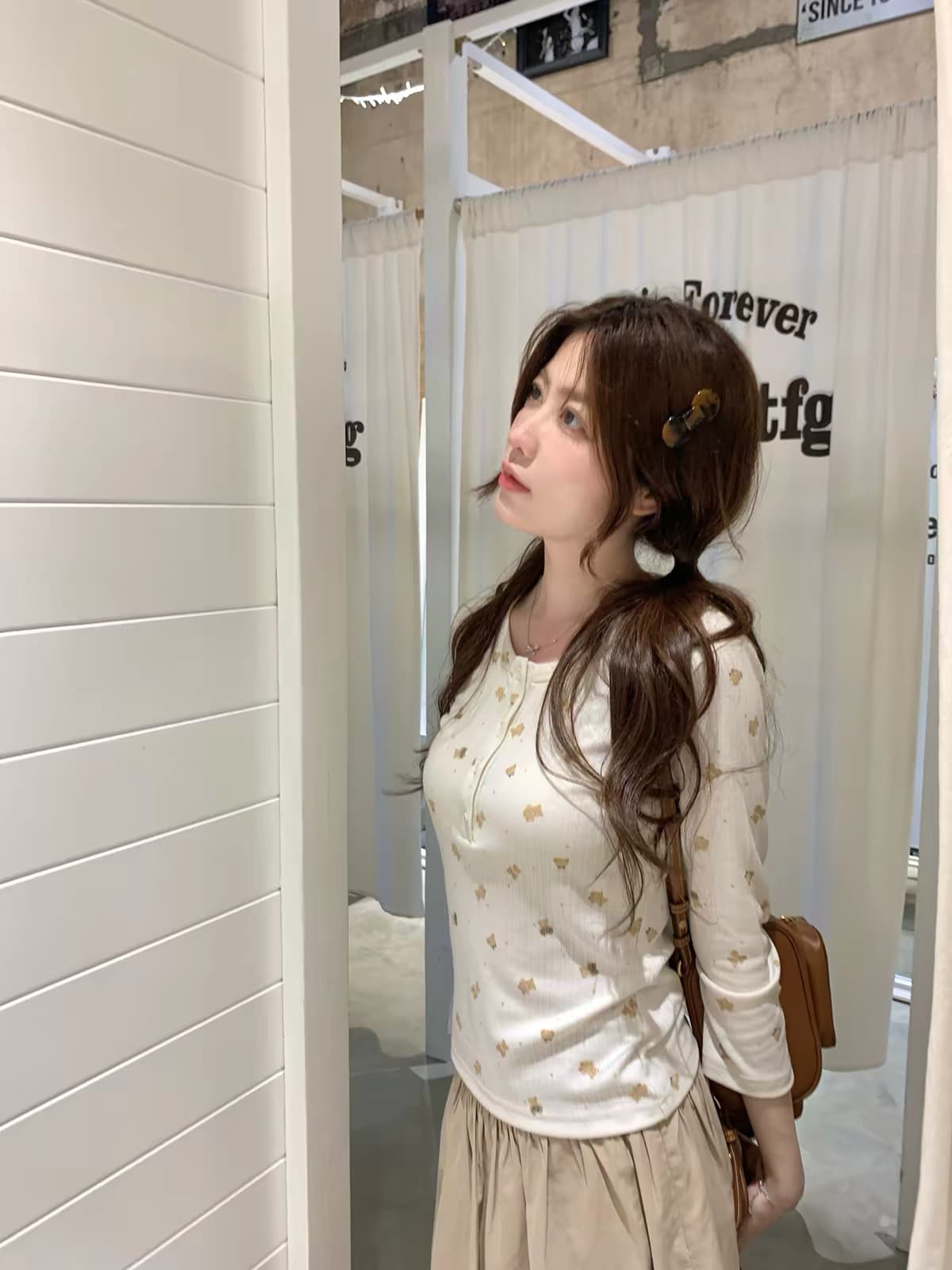 ptonumi 작은 곰 마음 오리지널 프린트 살구 색상 7부 소매 맨위 여성 이른 가을 조끼 슬립 오픈 가디건 세트 상세 이미지 3