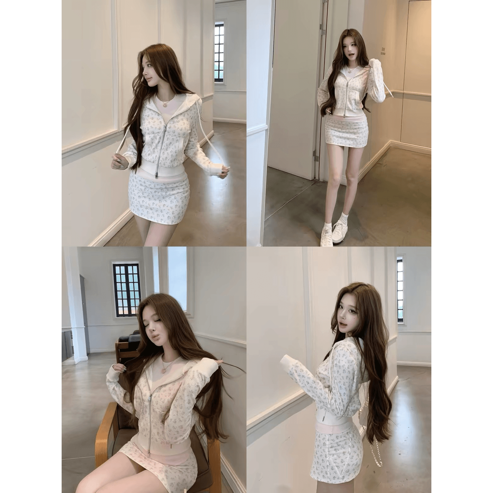jmshop 남자 센스 화이트 여성 후아 남편 그리드 꽃무늬 후드티 세트 가을 프린트 후드 재킷 타이트 스커트 반신 스커트 이미지 5
