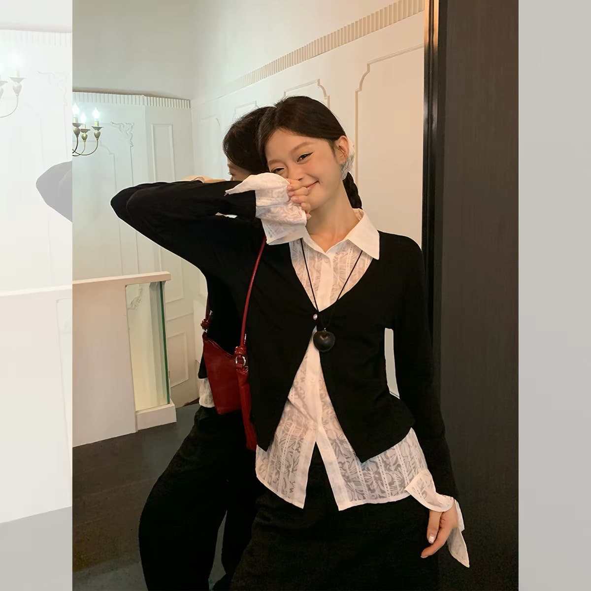 송 긍정적 인 En 회색 POLO 칼라 페이크 레이어드 긴팔 티셔츠 여성 가을 한 부서 몸매 가꾸기 슬림해 보이는 인사이드 가져 가라. 디자인 센스 맨위 이미지 3