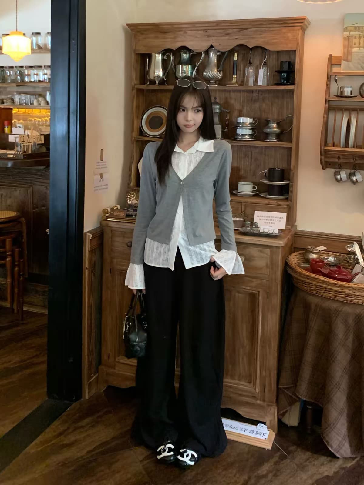송 긍정적 인 En 회색 POLO 칼라 페이크 레이어드 긴팔 티셔츠 여성 가을 한 부서 몸매 가꾸기 슬림해 보이는 인사이드 가져 가라. 디자인 센스 맨위 상세 이미지 3