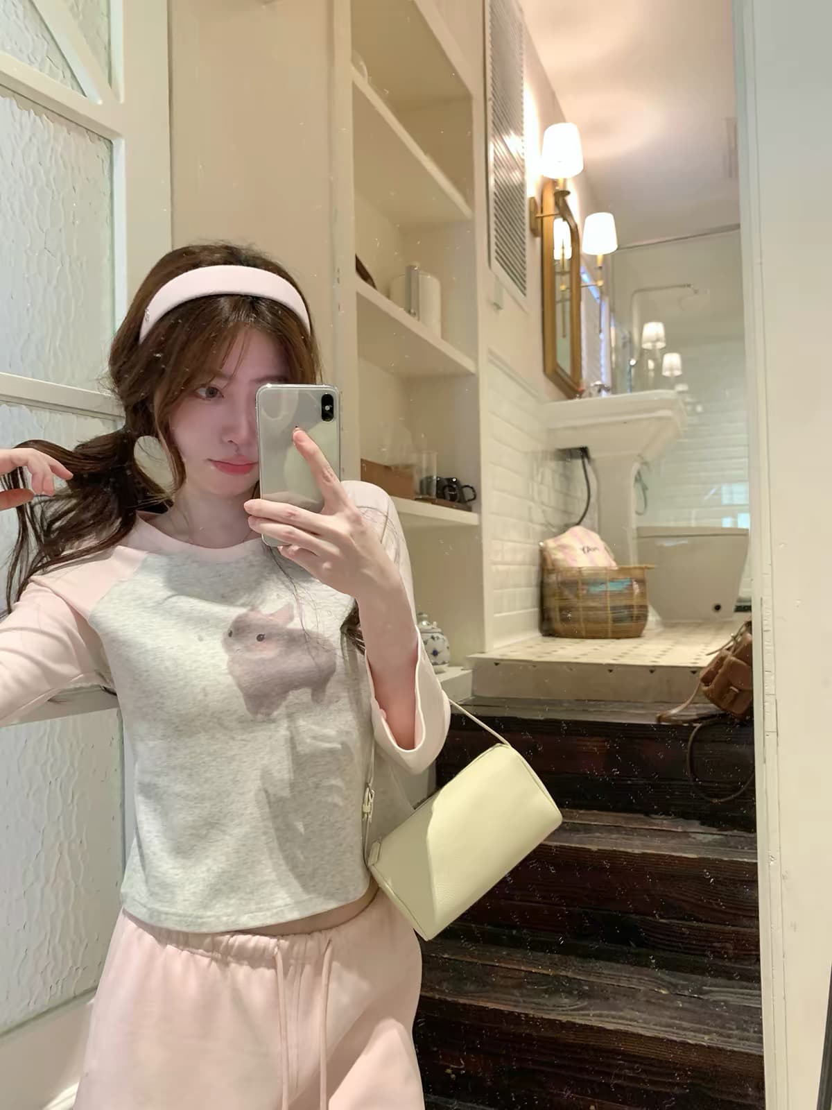 ptonumi 우는 소리 우는 소리 토끼 한 부서 오리지널 프린트 맨위 여성 이른 가을 패치워크 색상 나팔 소매 티셔츠 인사이드 가져 가라. 만나는 상세 이미지 4