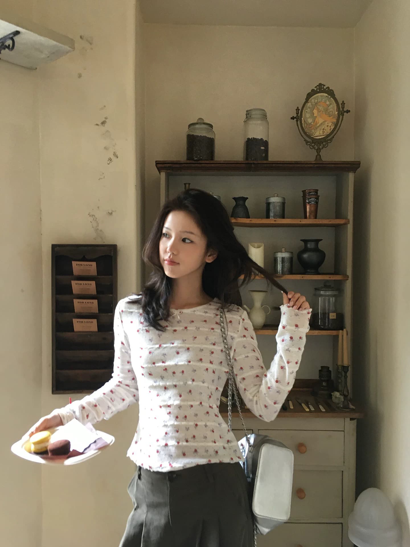 tuuuh 그림 그림책 깨진 라스베리 부드러운 셔츠 살구 바닥 꽃무늬 라운드 넥 프릴 긴팔 맨위 여성 기본 셔츠 상세 이미지 1