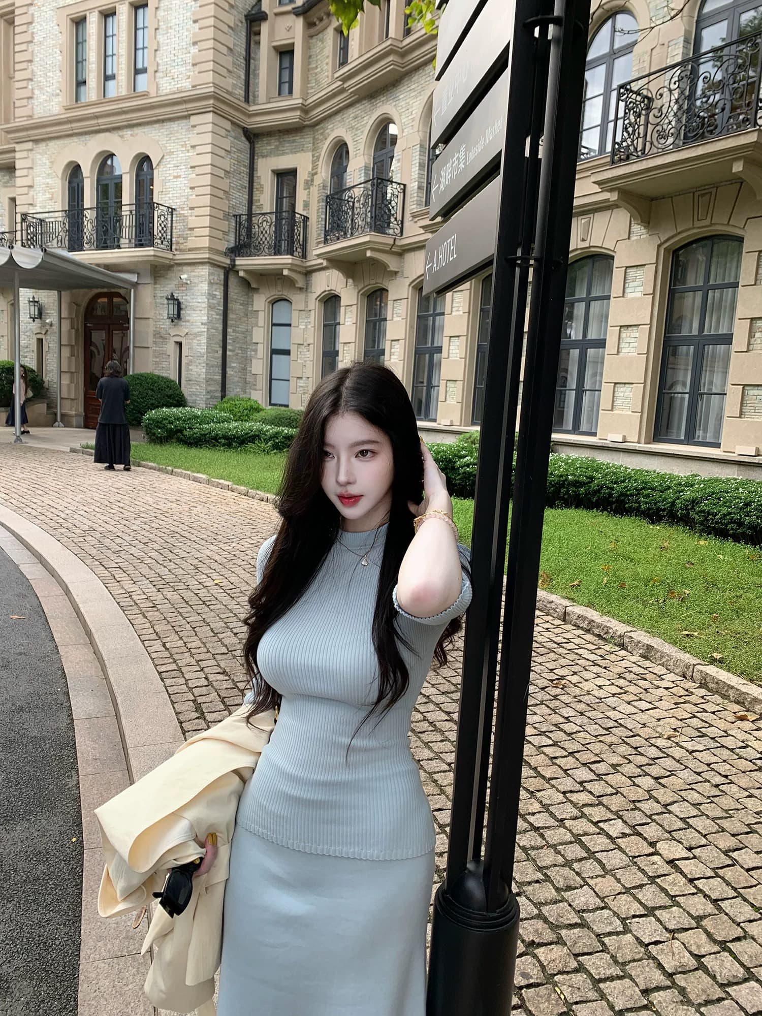 farte shop 하트 비트 라이 경기 서울 모직물 티셔츠 스트레이트 반 스커트 두 조각 여성 세트 봄 가을 세트 이미지 4