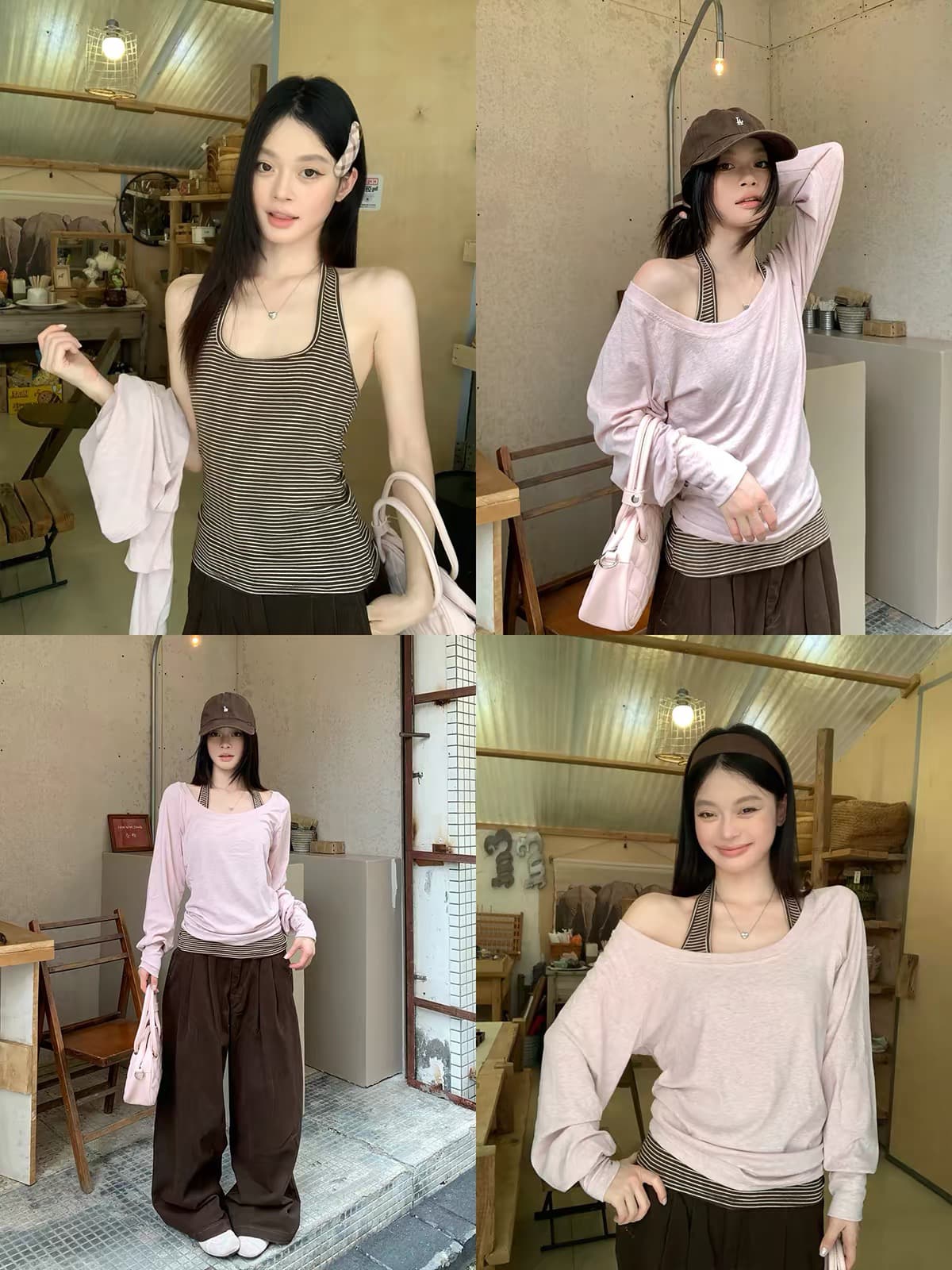 송 긍정적 인 En 핑크색 비스듬한 어깨 긴팔 티셔츠 여성 이른 가을 2026 년 한 부서 착용 가져 가라. 느긋한 꼬집기 허리 디자인 센스 맨위 이미지 2