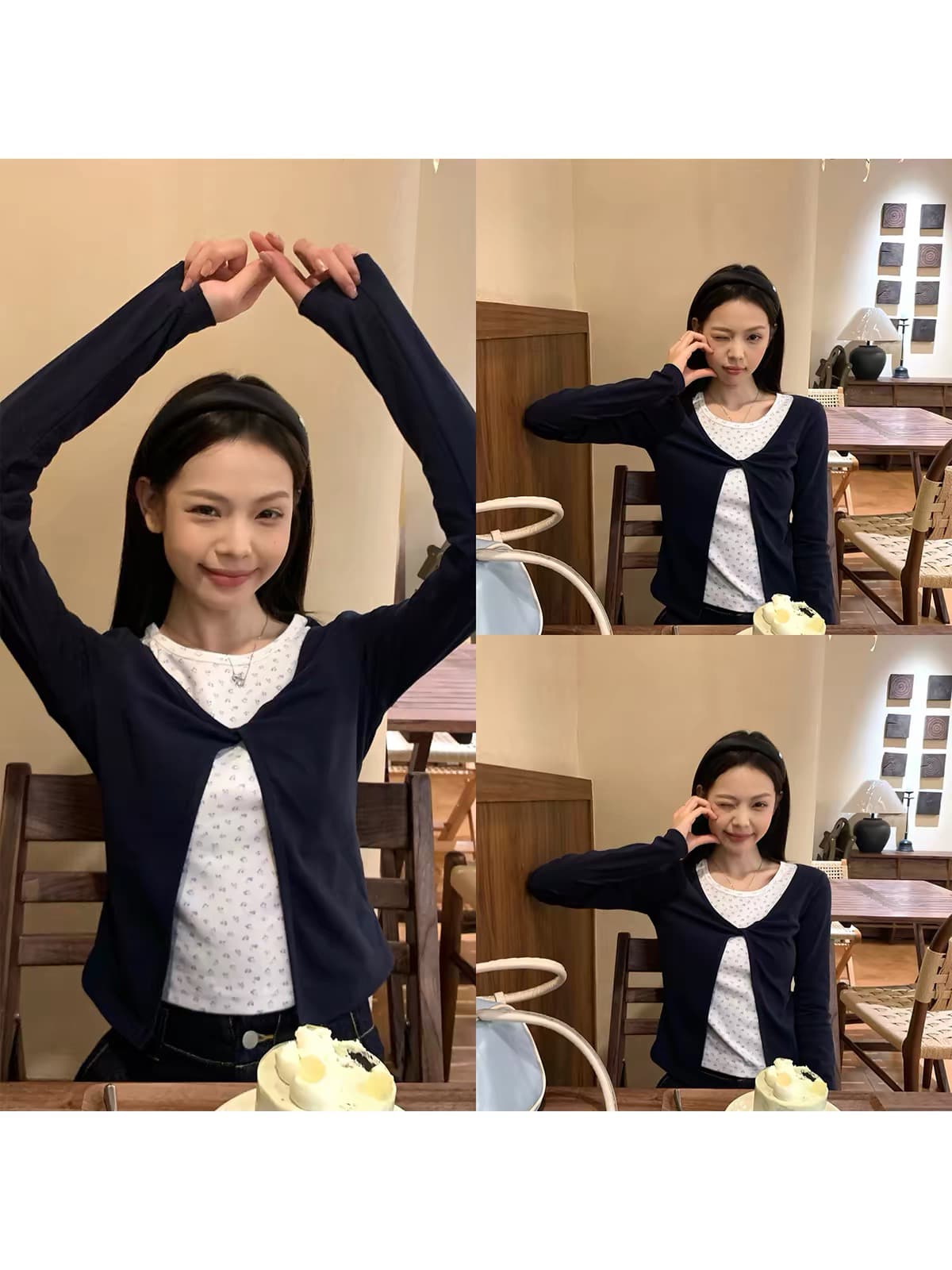 송 긍정적 인 En 블루 꽃무늬 페이크 레이어드 긴팔 티셔츠 여성 이른 가을 새로운 몸매 가꾸기 인사이드 가져 가라. 기본 셔츠 싱글 착용 맨위 이미지 2