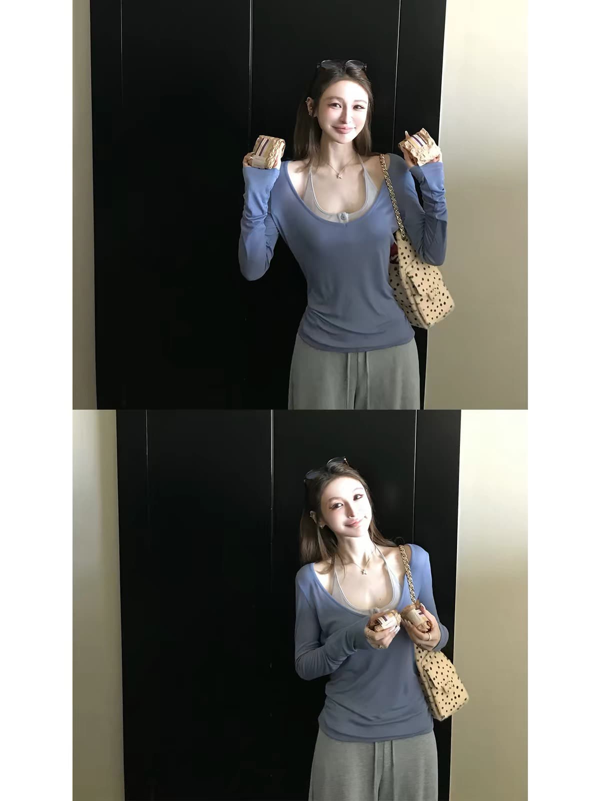 skk store 서울 이른 가을 150g 주간 실크 양모 V넥 페이크 레이어드 긴팔 티셔츠 루즈핏 캐주얼 맨위 상세 이미지 5