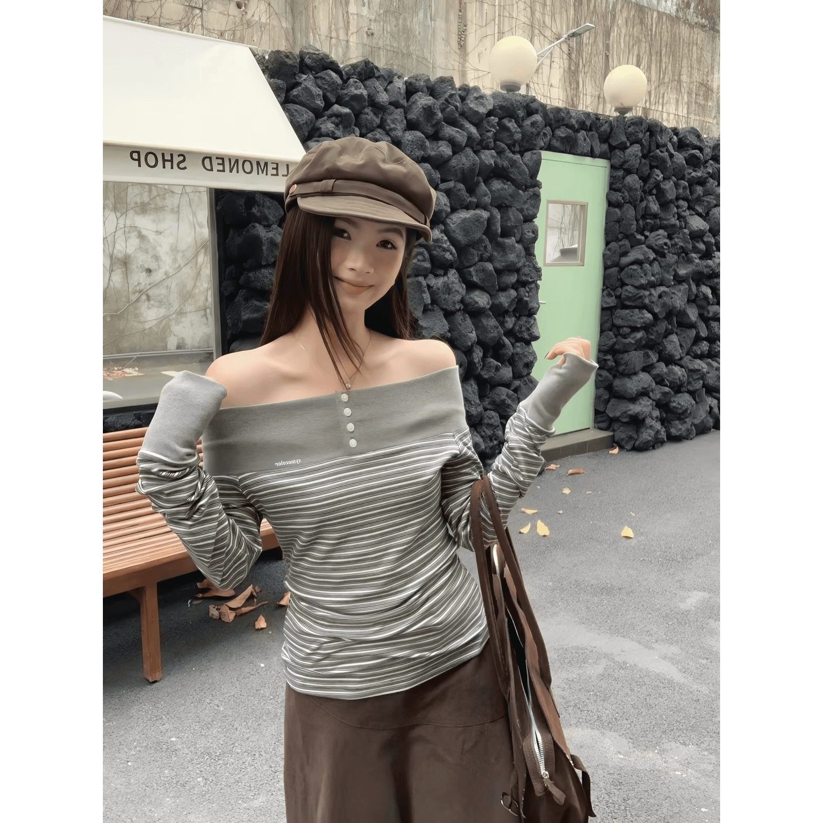 symocolor 오프숄더 라이 경기 서울 스트라이프 긴팔 티셔츠 여성 핫걸 몸매 가꾸기 슬림해 보이는 오프숄더 맨위 한국 스타일 이미지 5