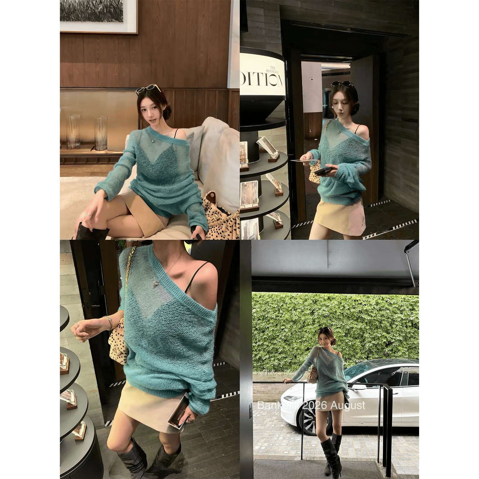 밤나무 코코아 bankelili 흐릿한 부드러운 피부 셔츠 비스듬한 어깨 모헤어 말뚝 더미 니트 스웨터 루즈핏 블라우스 여성 이미지 5