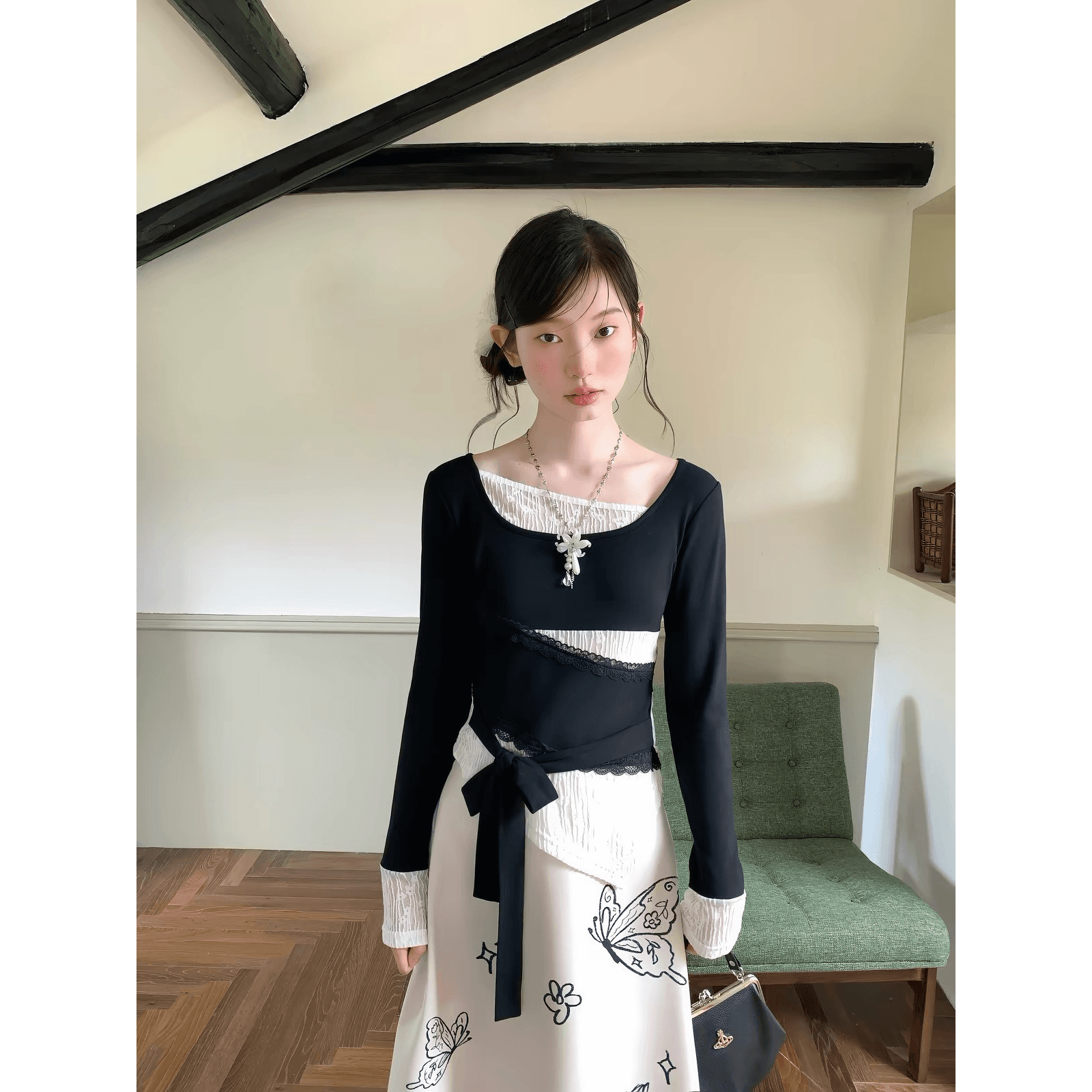 다우 시시 주간 흑인과 백인 스택 시리아 감기 페이크 레이어드 패치워크 질감 레이스 맨위 가을 조정 허리 둘레 작은 셔츠 이미지 5