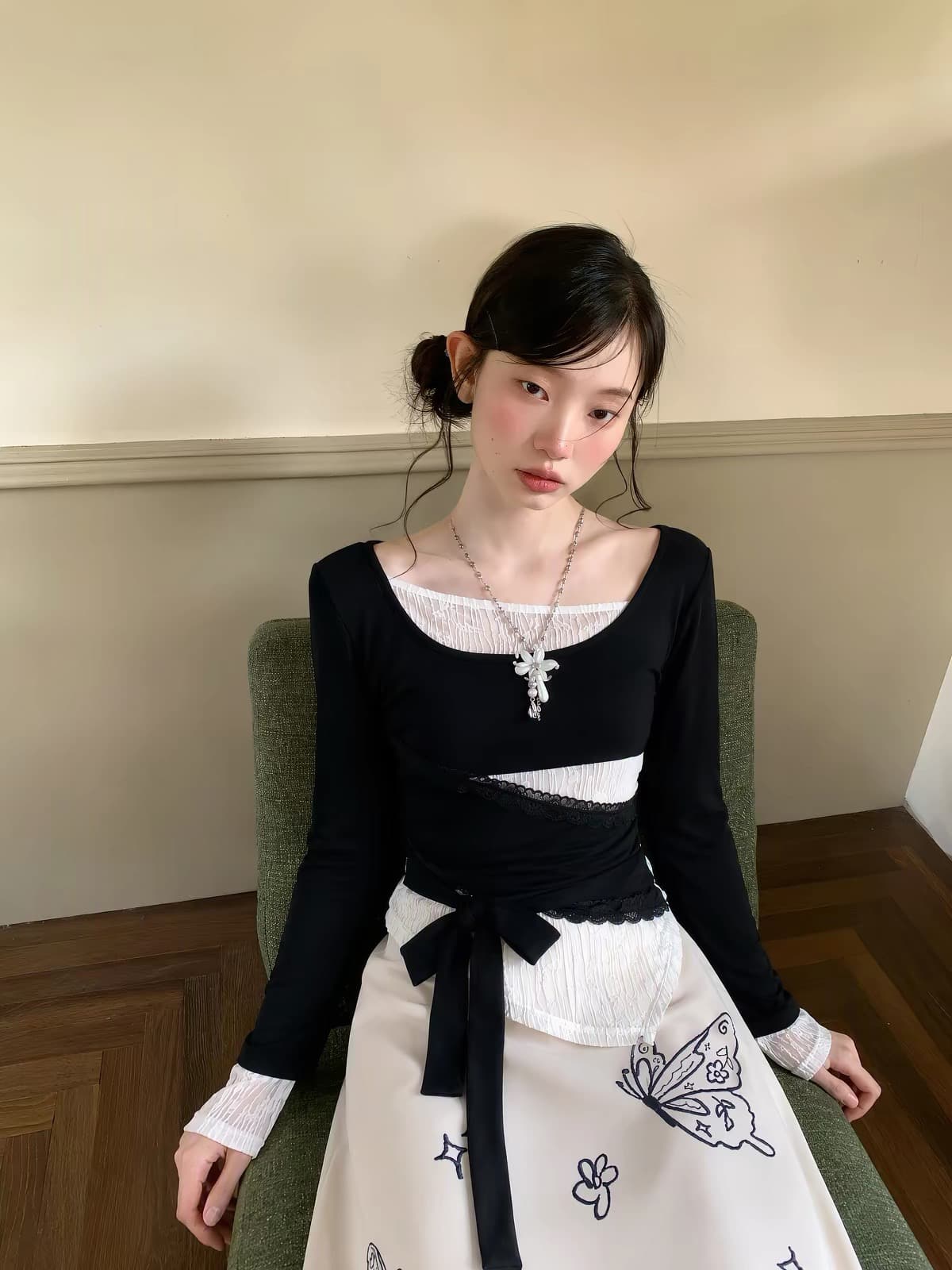 다우 시시 주간 흑인과 백인 스택 시리아 감기 페이크 레이어드 패치워크 질감 레이스 맨위 가을 조정 허리 둘레 작은 셔츠 상세 이미지 4