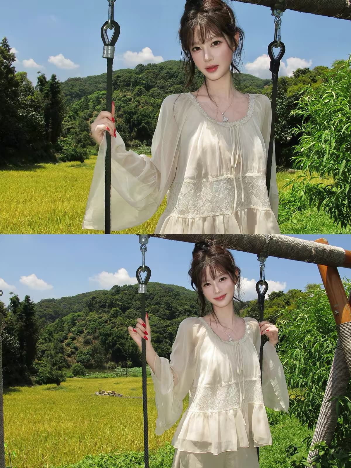 감사합니다. 아니요 고기 레이스 조각 레이스 시폰 셔츠 여성 가을 부드러운 바람 레트로 루즈핏 슬림해 보이는 디자인 센스 맨위 이미지 2