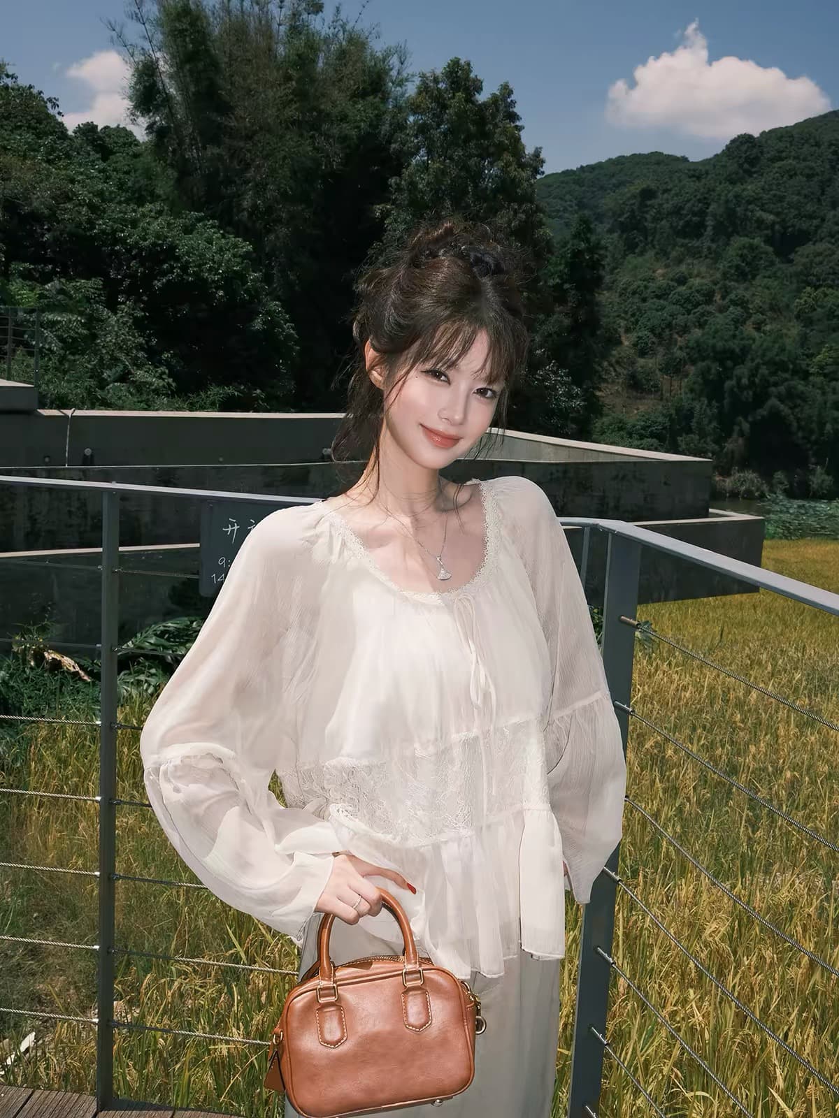 감사합니다. 아니요 고기 레이스 조각 레이스 시폰 셔츠 여성 가을 부드러운 바람 레트로 루즈핏 슬림해 보이는 디자인 센스 맨위 상세 이미지 5