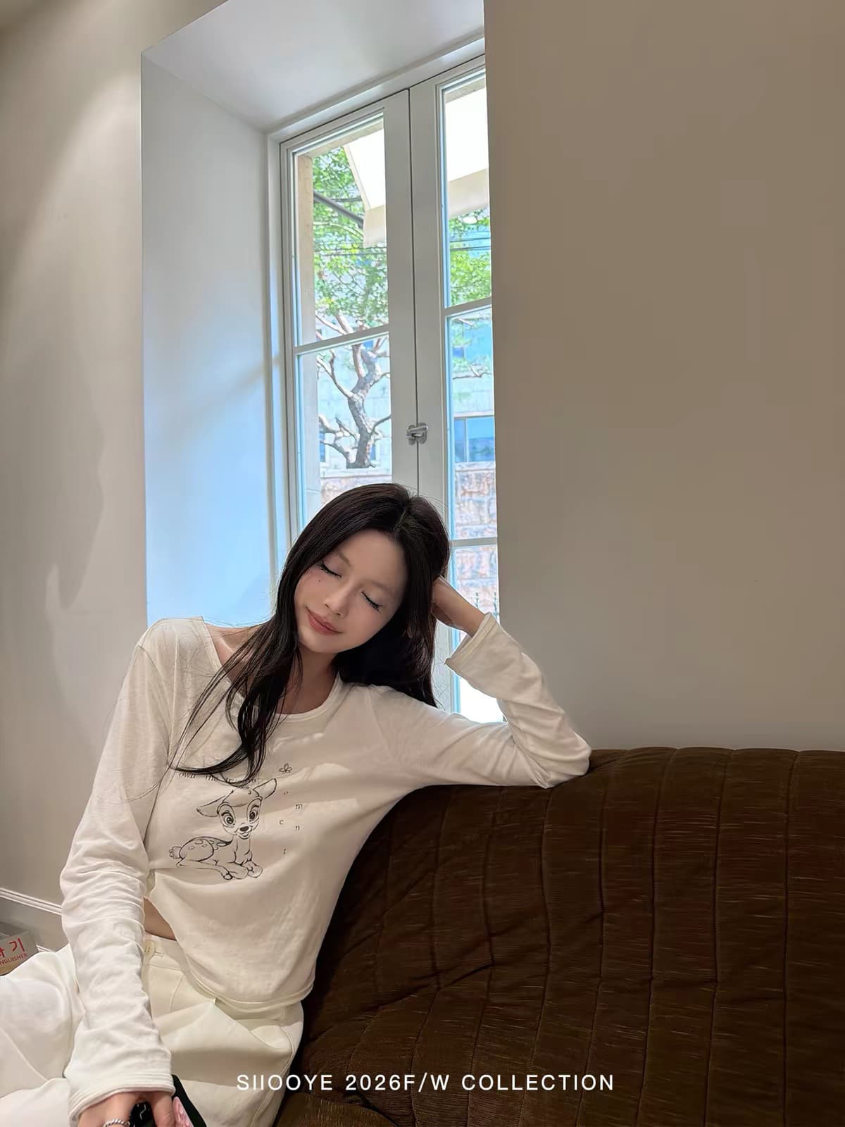 siiooye 작은 사슴 플라크 면 100% 느슨함 센스 인쇄 하나 마키 연주 중 바닥 티셔츠 여성 가을 겨울 인사이드 가져 가라. 긴팔 맨위 상세 이미지 5