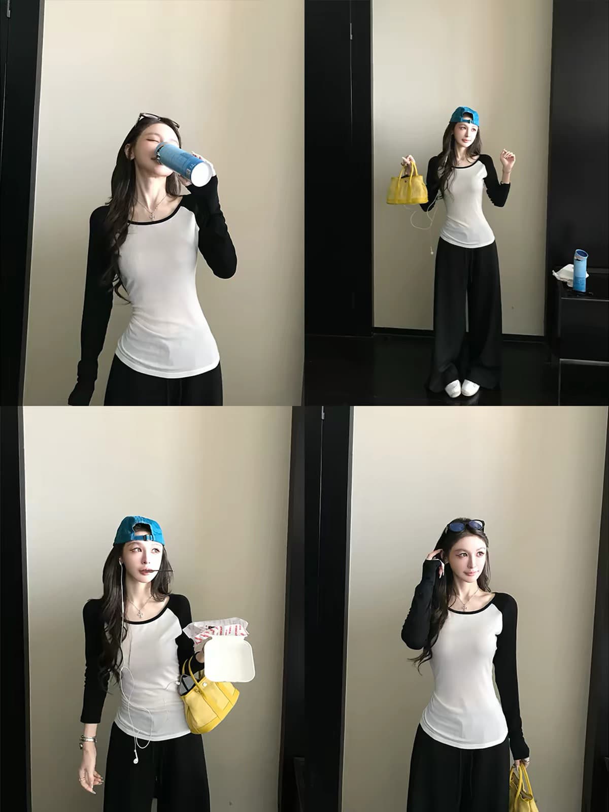 바다 리 daily 170g 부드러운 찹쌀 주간 실크 아세트산 ins 보 주인 손 한 조각 비스듬한 어깨 패치워크 배색 티셔츠 이미지 2