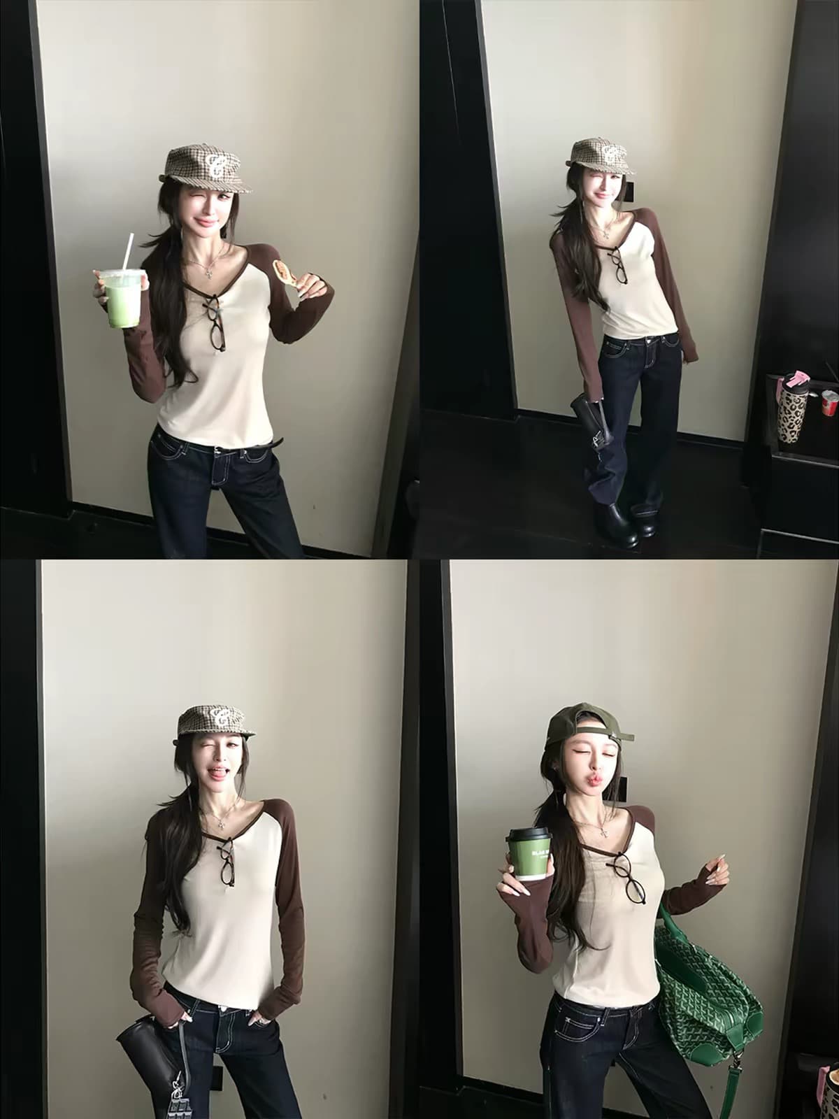 바다 리 daily 170g 부드러운 찹쌀 주간 실크 아세트산 ins 보 주인 손 한 조각 비스듬한 어깨 패치워크 배색 티셔츠 상세 이미지 4