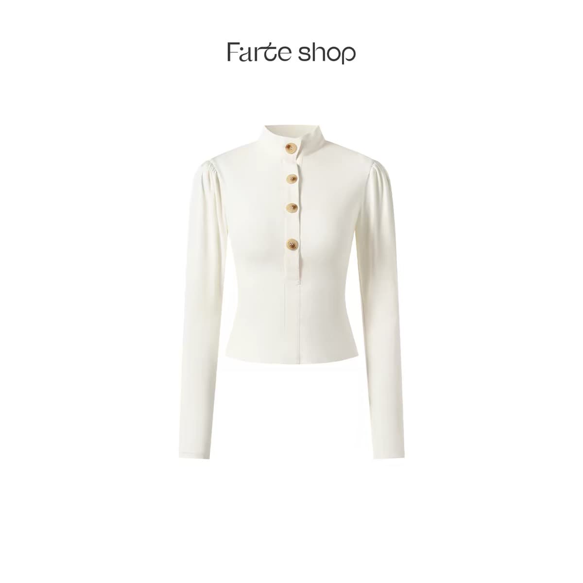 farte shop 달빛 잃어버린 초점 베이지 색 스탠드 칼라 승마자 셔츠 티셔츠 여성 봄 가을 허리 수축 맨위 이미지 5