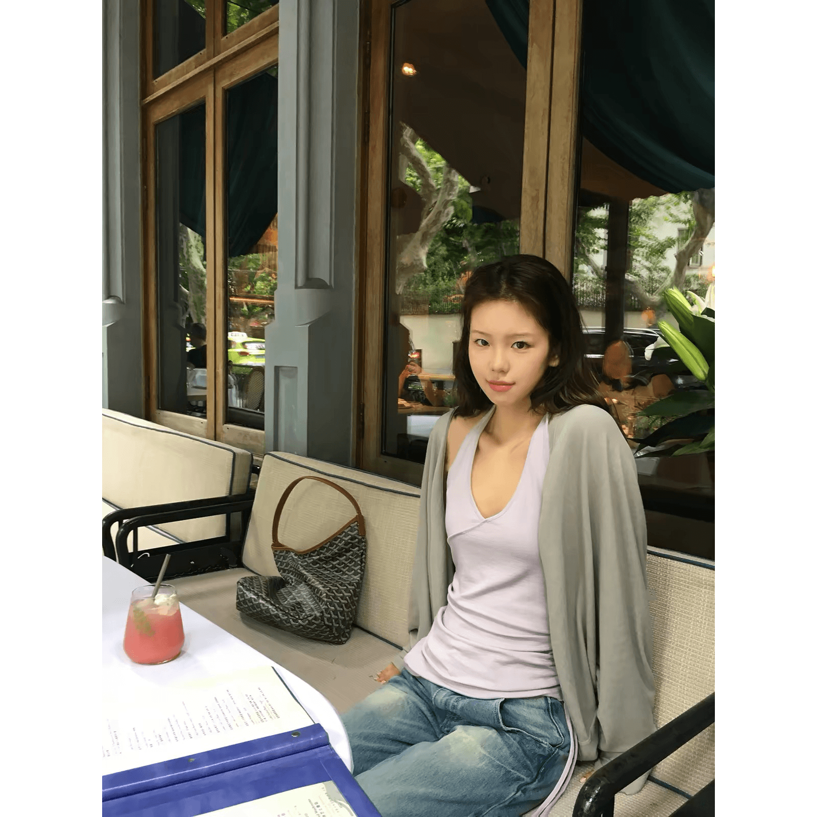 tuuuh 그림 그림책 회색 보라색 스택 착용 회색 보라색 투피스 세트 니트 오픈 가디건 조끼 외부 가져 가라. 이미지 5