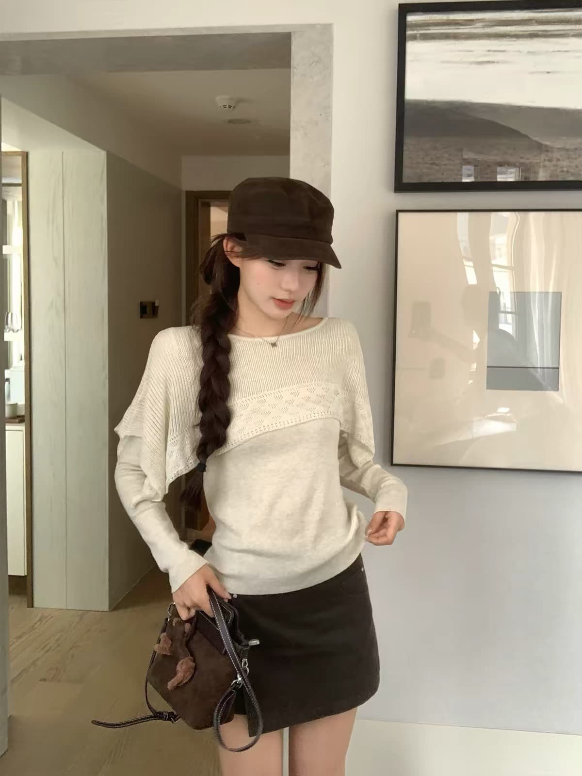 송 긍정적 인 En 페이크 레이어드 숄 니트 긴 소매 티셔츠 여자 이른 가을 착용 가져 가라. ins 한 스타일 디자인 센스 몸매 가꾸기 맨위 상세 이미지 3