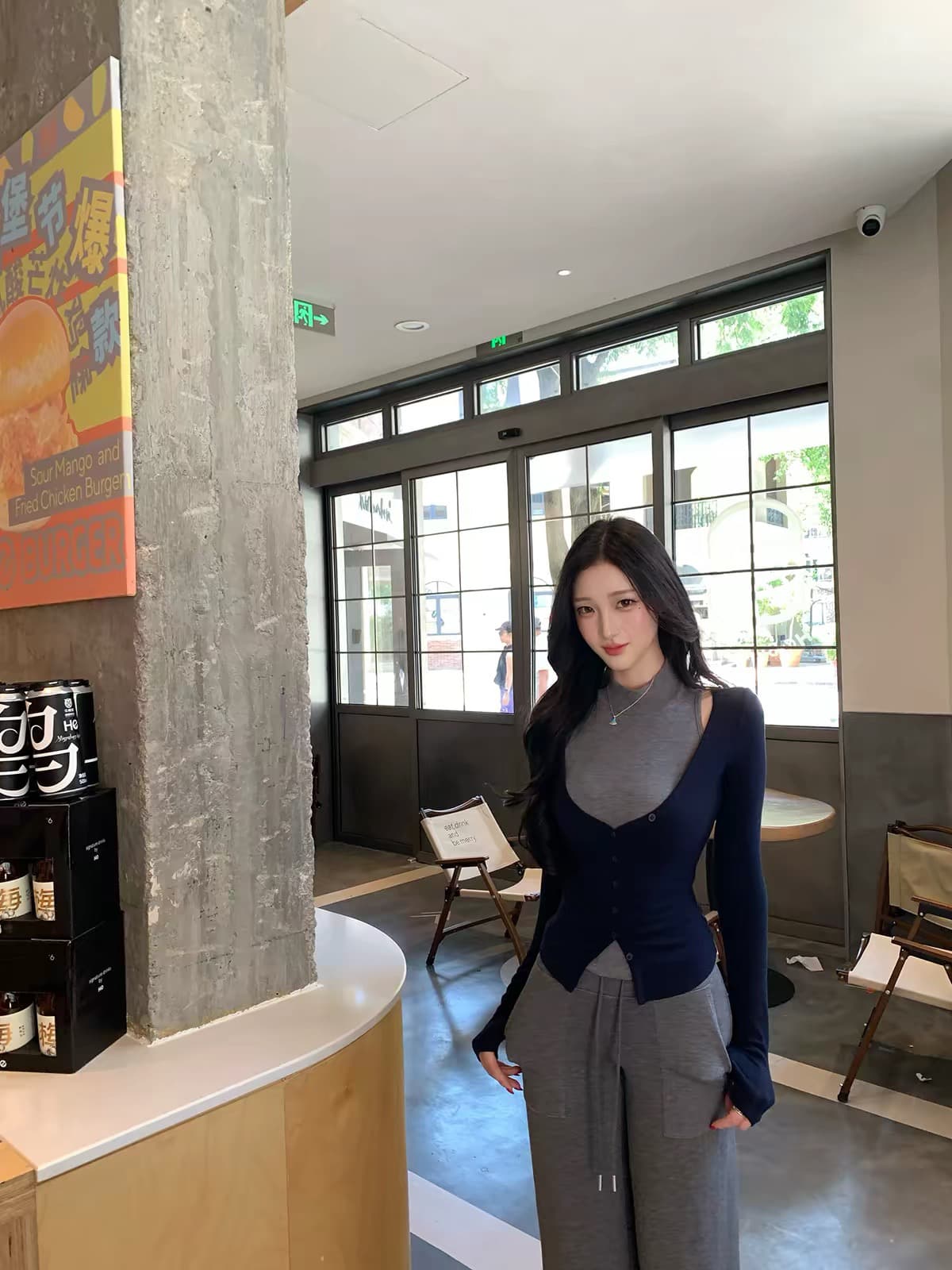 farte shop 서울 유럽 니켈 회색 조끼 V넥 파란색 오픈 가디건 두 조각 여성 세트 봄 가을 맨위 상세 이미지 5
