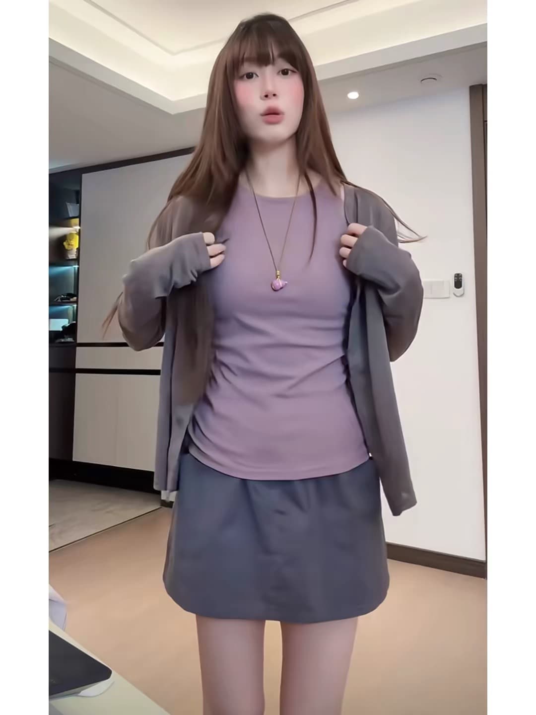 한 부서 세련된 세트 인사이드 가져 가라. 조끼 맨위 얇은 스타일 긴팔 니트 오픈 가디건 로우 웨이스트 슬림해 보이는 한 마디 반신 스커트 이미지 2