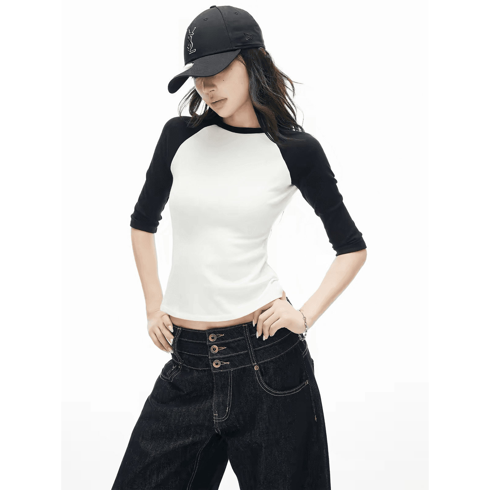 iamxiaa 모달 면 높음 폭탄 재료 라운드 넥 흑인과 백인 패치워크 색상 삽입 어깨 소매 18 핫픽스 몸매 가꾸기 니트 스웨터 이미지 5