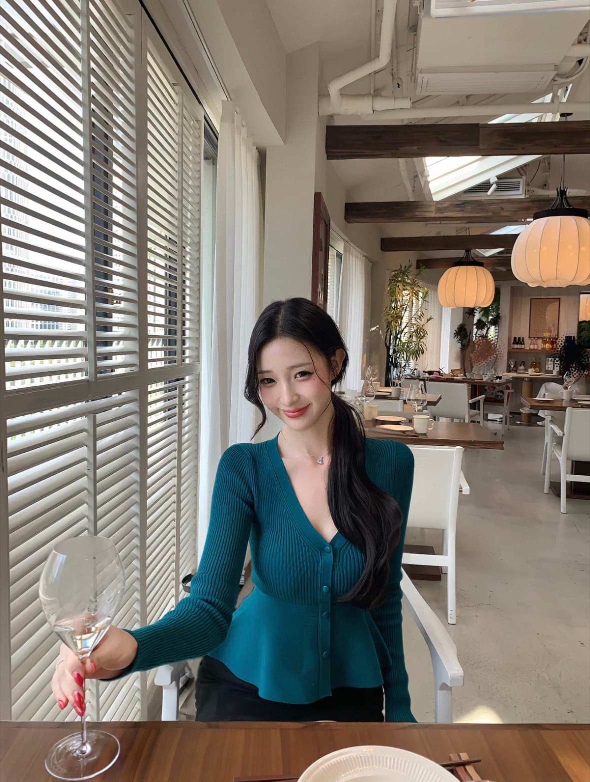 farte shop 블루스 플로팅 라이트 푸른 녹색 깊은 v 긴팔 진자 털 짠 셔츠 여성 봄 가을 허리 수축 맨위 상세 이미지 3