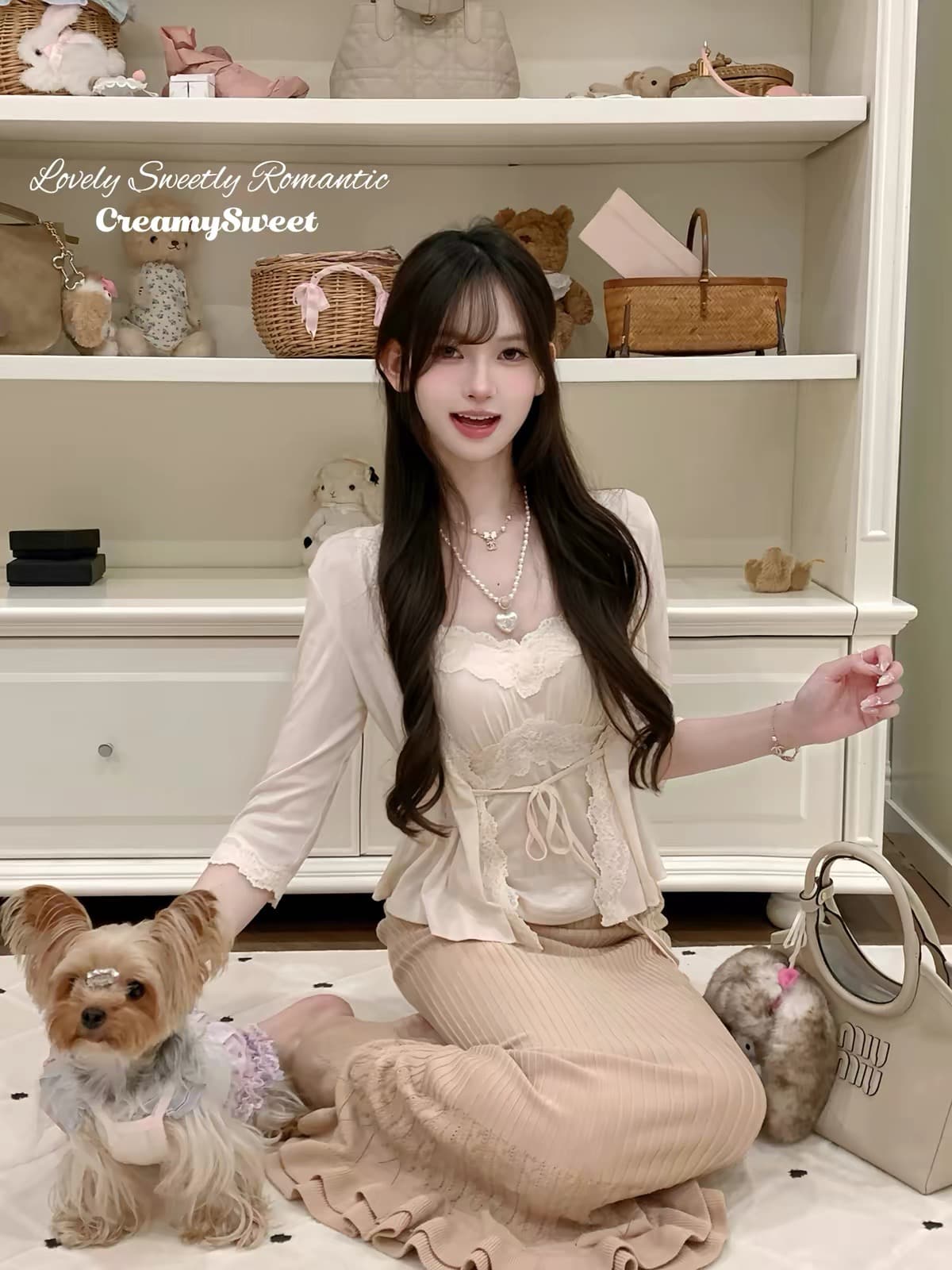 creamysweet 라스베리 얼음 모래 주간 실크 양모 Jiao 센스 레이스 행침 목 스트랩 몸매 가꾸기 슬립 오픈 가디건 가을 이미지 4