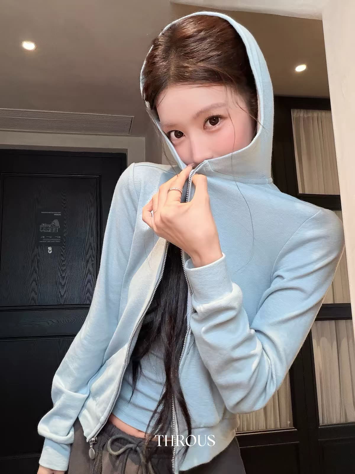 감사합니다. 아니요 고기 후드 루즈핏 지퍼 오픈 가디건 후드티 여성 가을 별 프린트 몸매 가꾸기 좁은 어깨 조끼 세트 상세 이미지 5