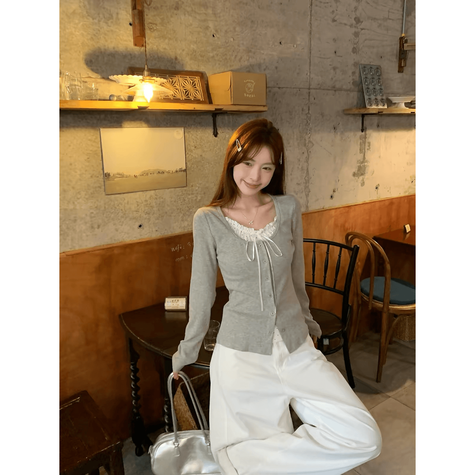 morning bloom 도트 무늬 레이스업 페이크 레이어드 긴팔 티셔츠 여성 가을 새로운 한 부서 착용 가져 가라. 달콤함 맨위 이미지 5