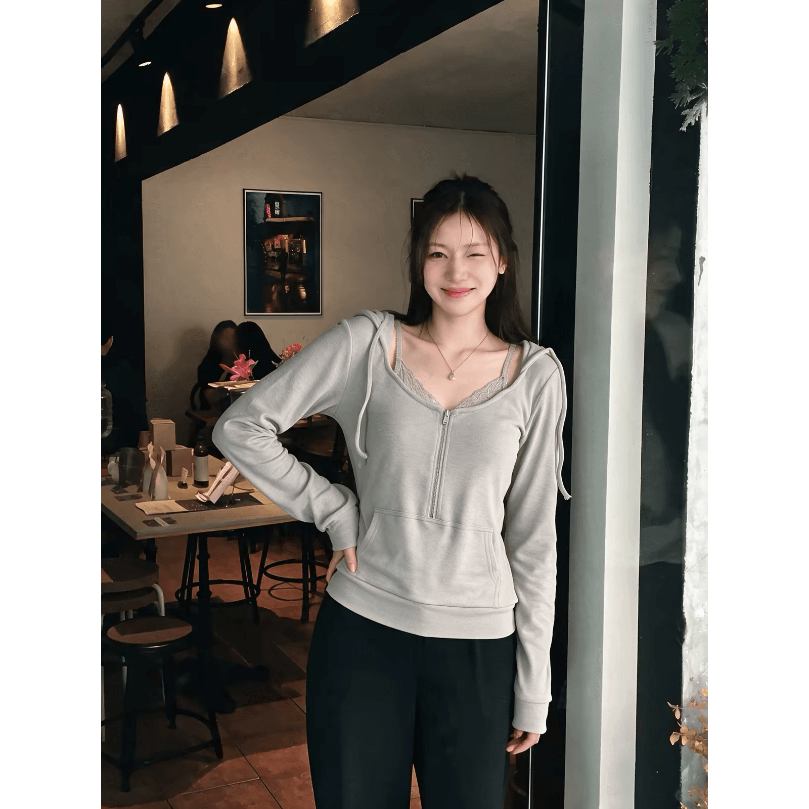 아메리칸 레트로 bm 바람 페이크 레이어드 레이스 조각 후드 티 스웨터 여성 가을 2026 새로운 몸매 가꾸기 긴팔 맨위 이미지 5
