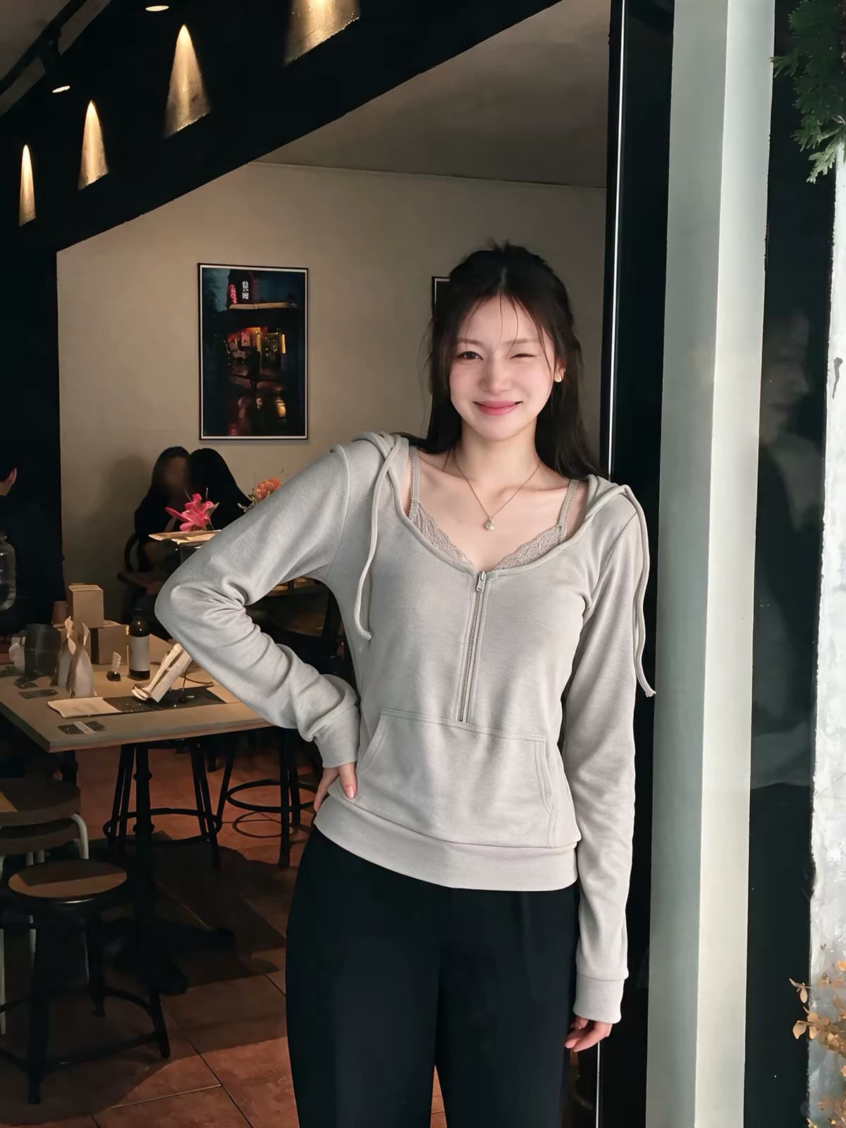 아메리칸 레트로 bm 바람 페이크 레이어드 레이스 조각 후드 티 스웨터 여성 가을 2026 새로운 몸매 가꾸기 긴팔 맨위 상세 이미지 5