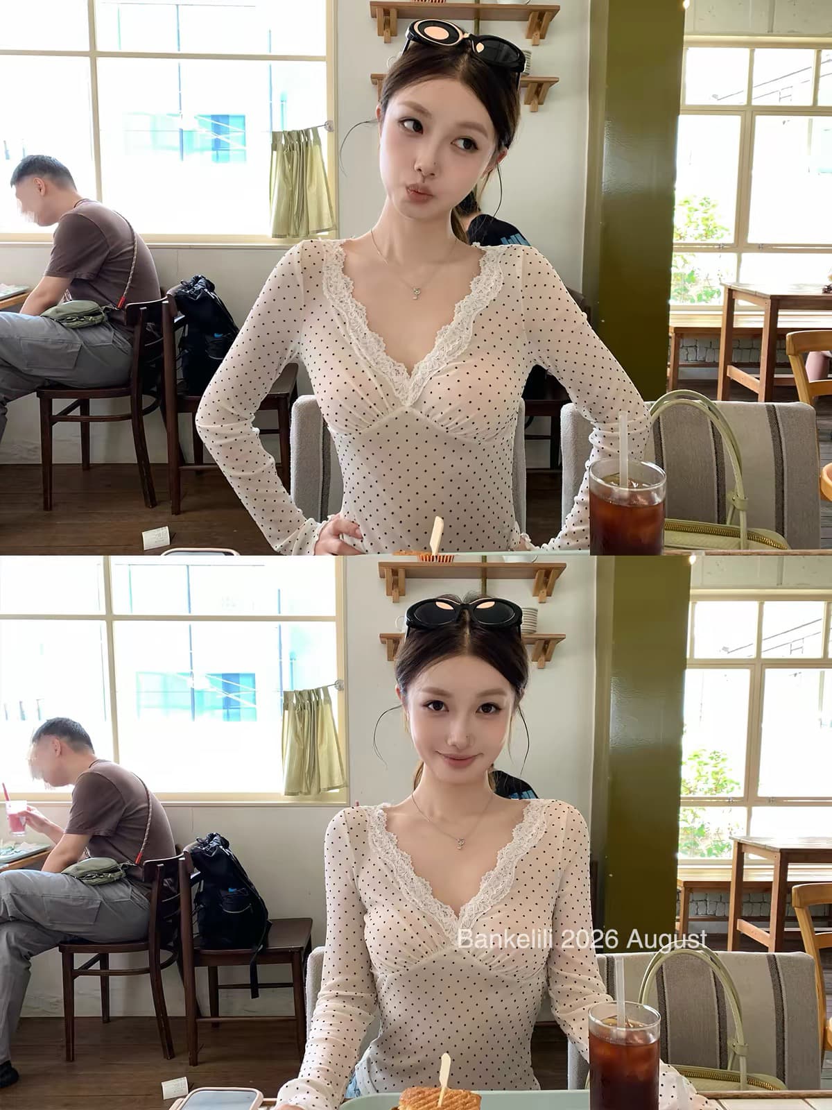 밤나무 코코아 bankelili 프라임 조정 한 여성 순수한 욕망 미니멀리즘 도트 무늬 긴팔 티셔츠 레이스 측면 패치워크 맨위 상세 이미지 5