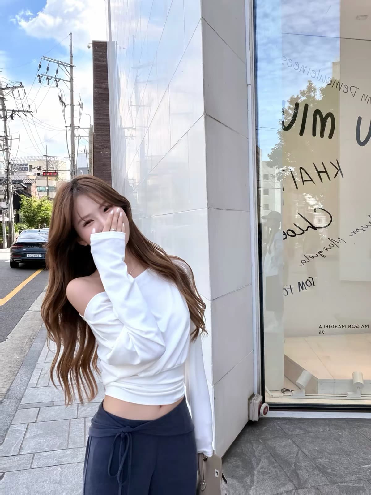 yookson 산소 유럽 니켈 부드러운 폭탄 주간 실크 양모 비스듬한 어깨 오프숄더 둘 착용 허리 수축 슬림해 보이는 긴팔 티셔츠 이미지 2