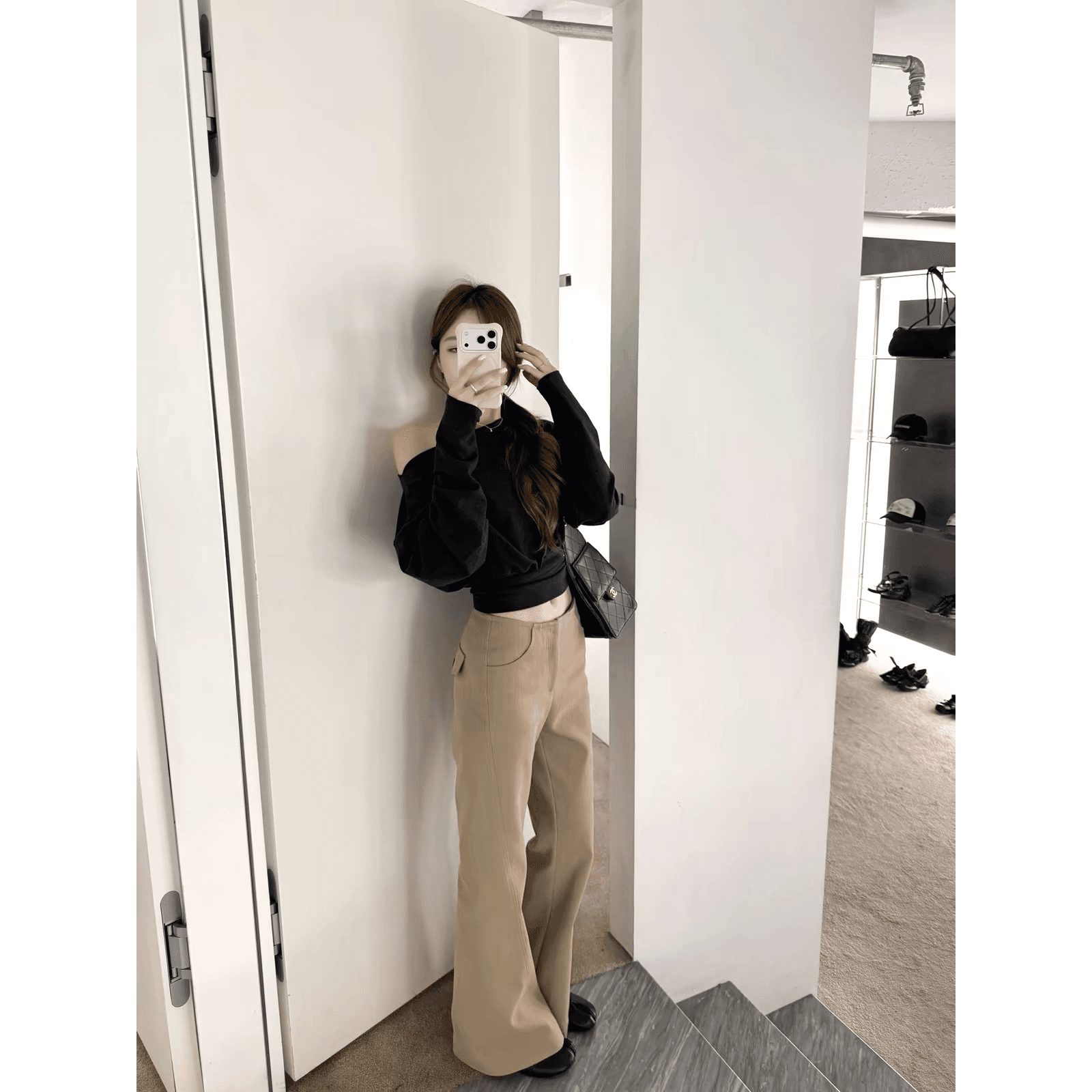 yookson 산소 유럽 니켈 부드러운 폭탄 주간 실크 양모 비스듬한 어깨 오프숄더 둘 착용 허리 수축 슬림해 보이는 긴팔 티셔츠 이미지 5