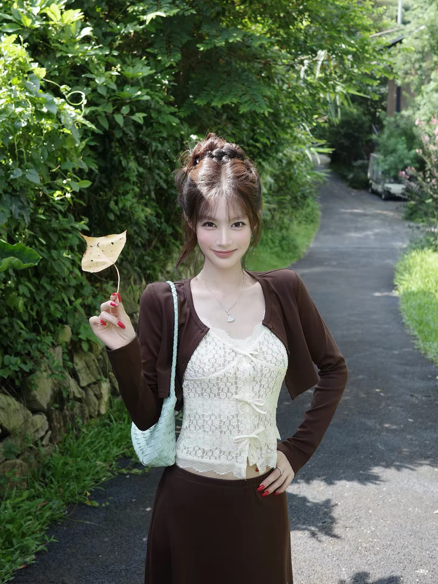 감사합니다. 아니요 고기 레이스 자수 슬립 쇼트 스타일 긴팔 오픈 가디건 미니멀리즘 한 마디 롱 코트 반 스커트 여성 가을 3종 세트 상세 이미지 5