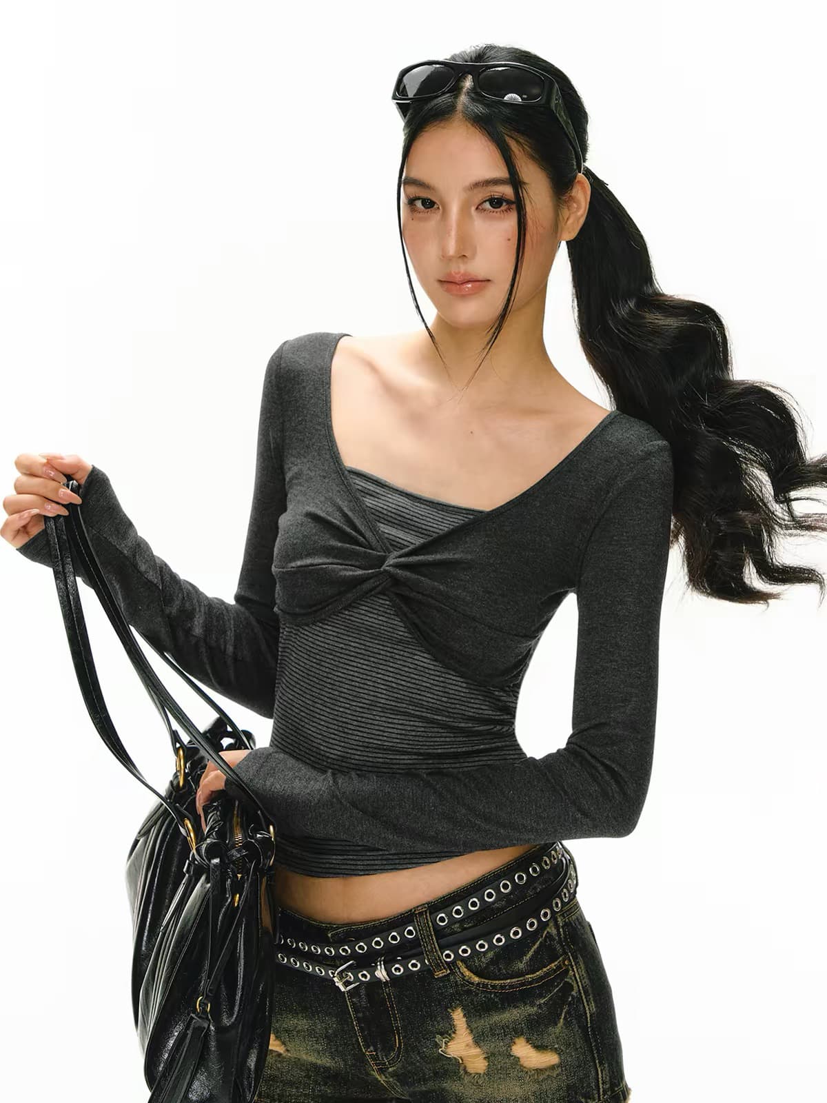 ariseism 아메리칸 레트로 디자인 센스 패치워크 색상 페이크 레이어드 긴팔 티셔츠 여성 가을 새로운 몸매 가꾸기 맨위 상세 이미지 5